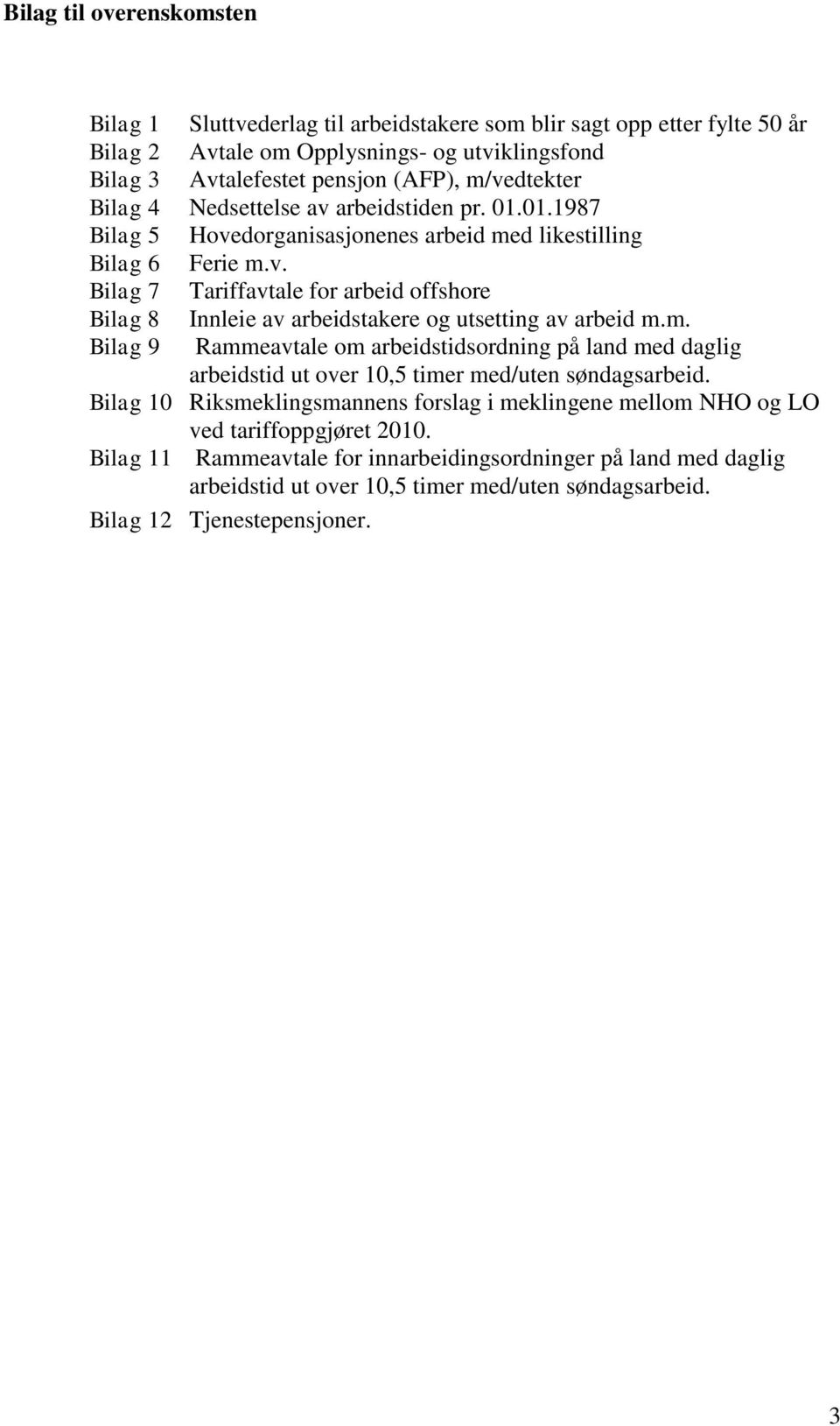 m. Bilag 9 Rammeavtale om arbeidstidsordning på land med daglig arbeidstid ut over 10,5 timer med/uten søndagsarbeid.