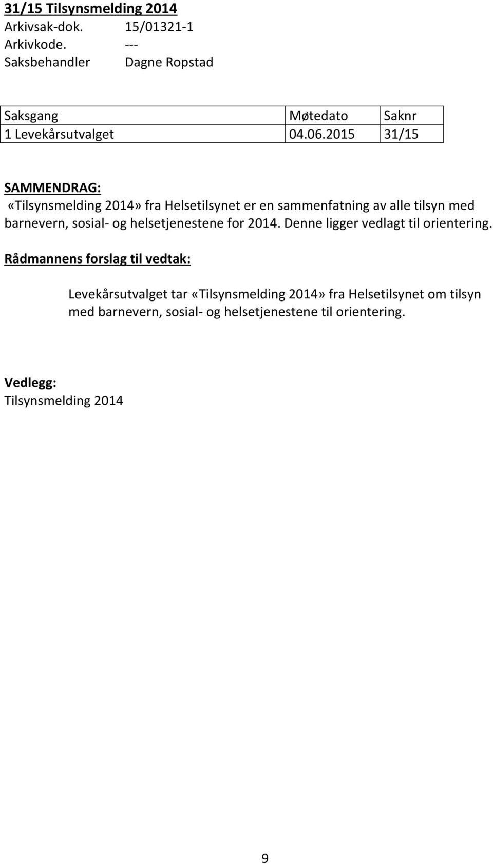 2015 31/15 SAMMENDRAG: «Tilsynsmelding 2014» fra Helsetilsynet er en sammenfatning av alle tilsyn med barnevern, sosial- og