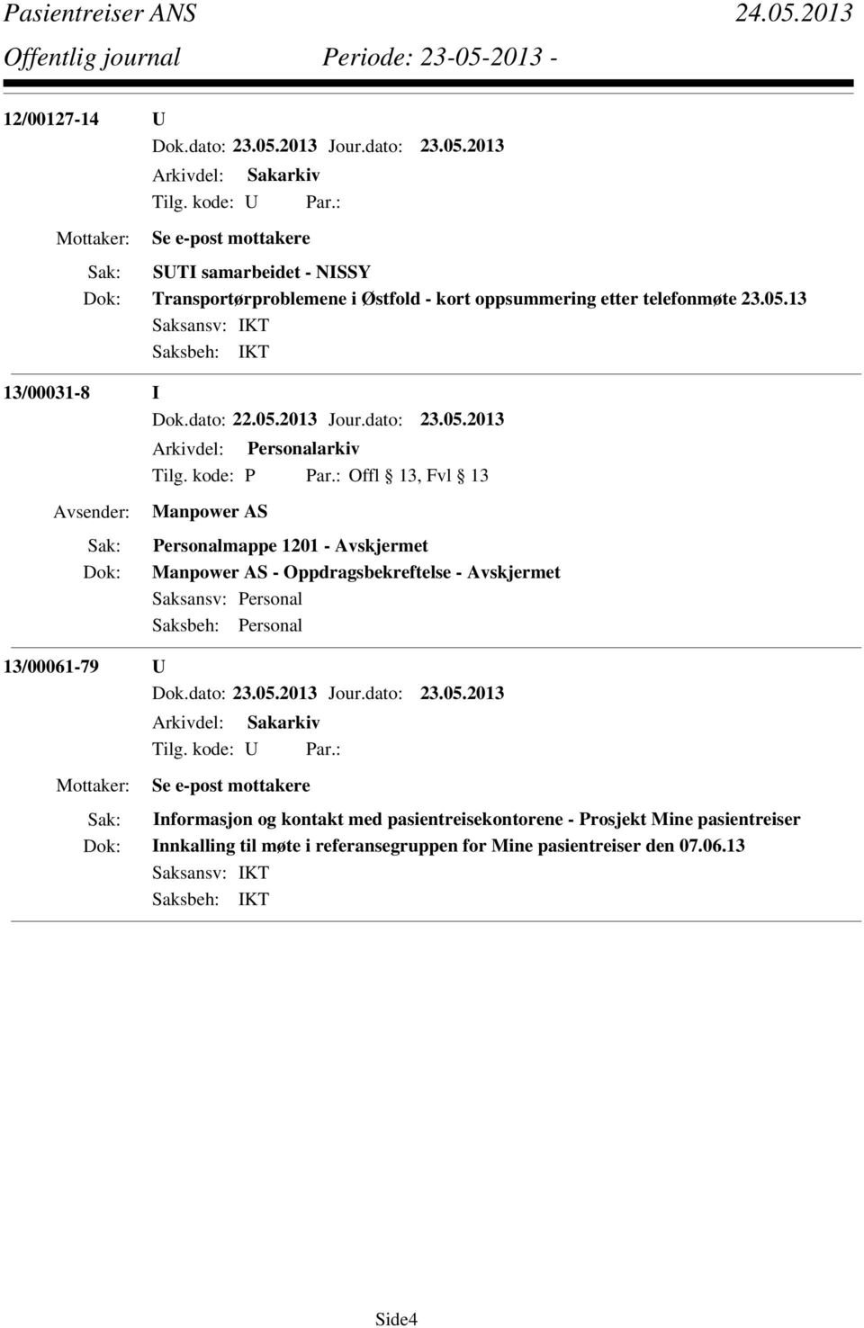 13 13/00031-8 I 13/00061-79 U Se e-post mottakere Informasjon og kontakt med