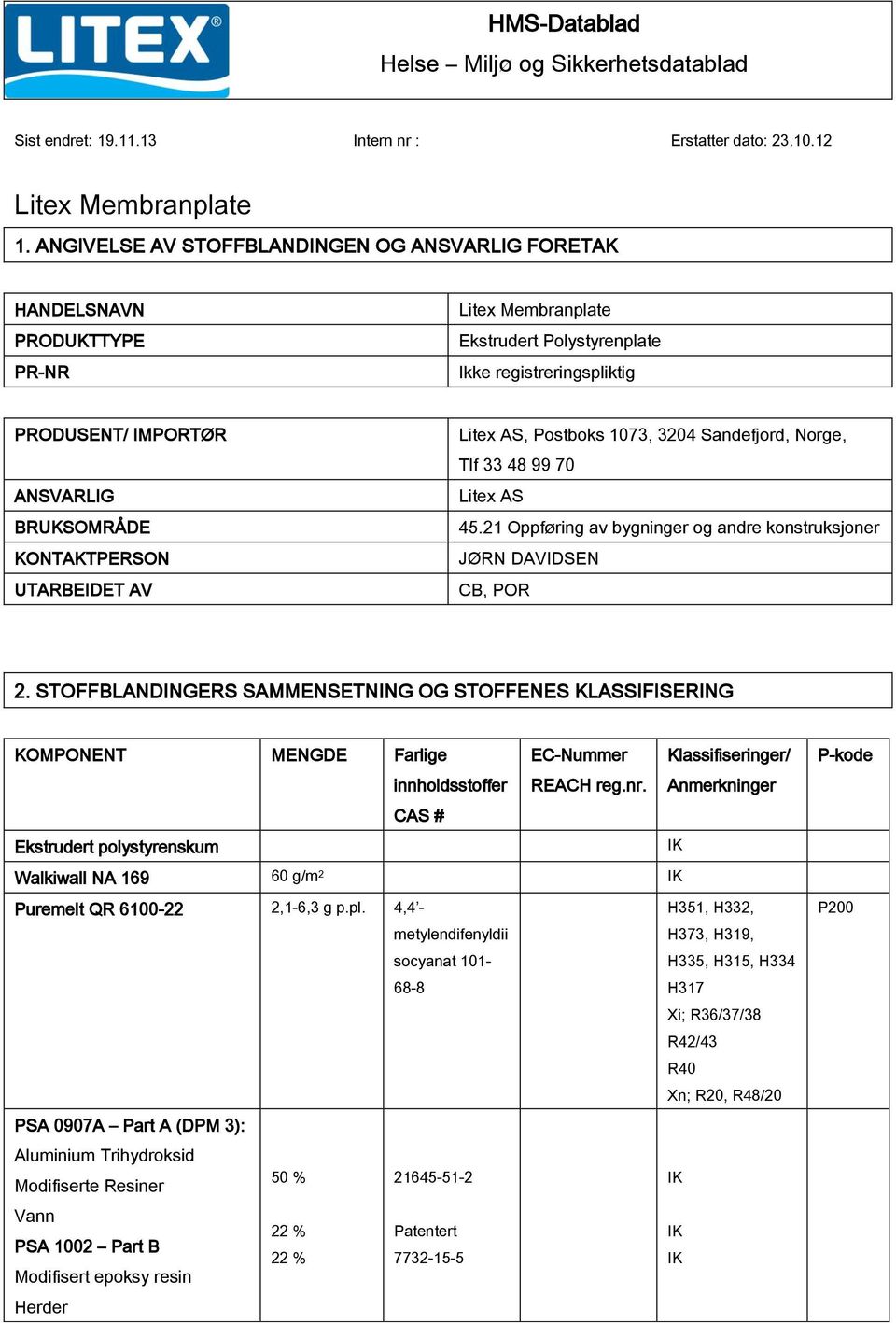 KONTAKTPERSON UTARBEIDET AV Litex AS, Postboks 1073, 3204 Sandefjord, Norge, Tlf 33 48 99 70 Litex AS 45.21 Oppføring av bygninger og andre konstruksjoner JØRN DAVIDSEN CB, POR 2.