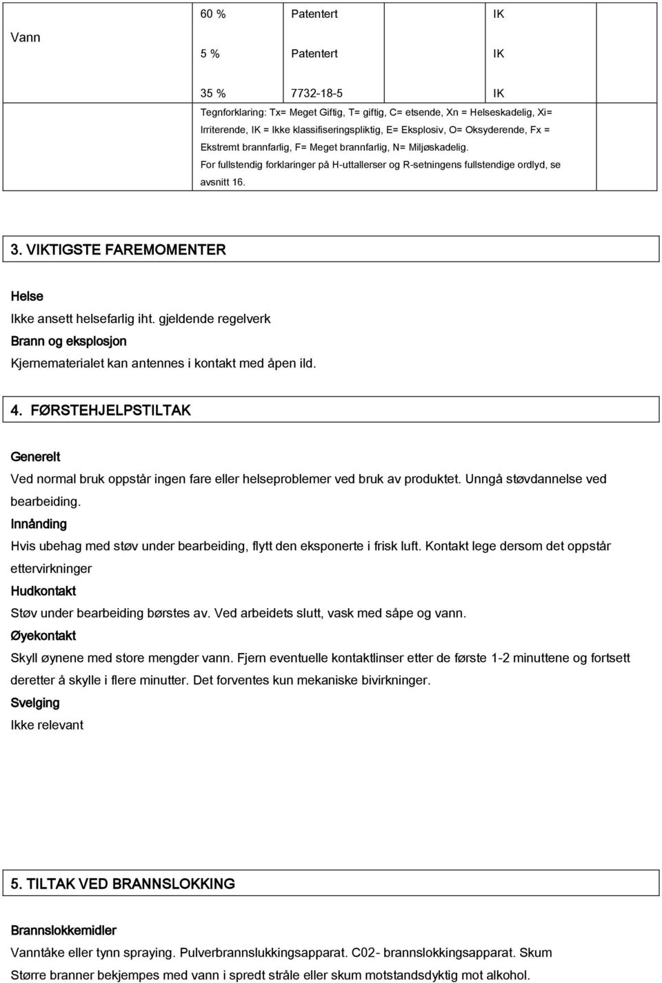 VTIGSTE FAREMOMENTER Helse Ikke ansett helsefarlig iht. gjeldende regelverk Brann og eksplosjon Kjernematerialet kan antennes i kontakt med åpen ild. 4.