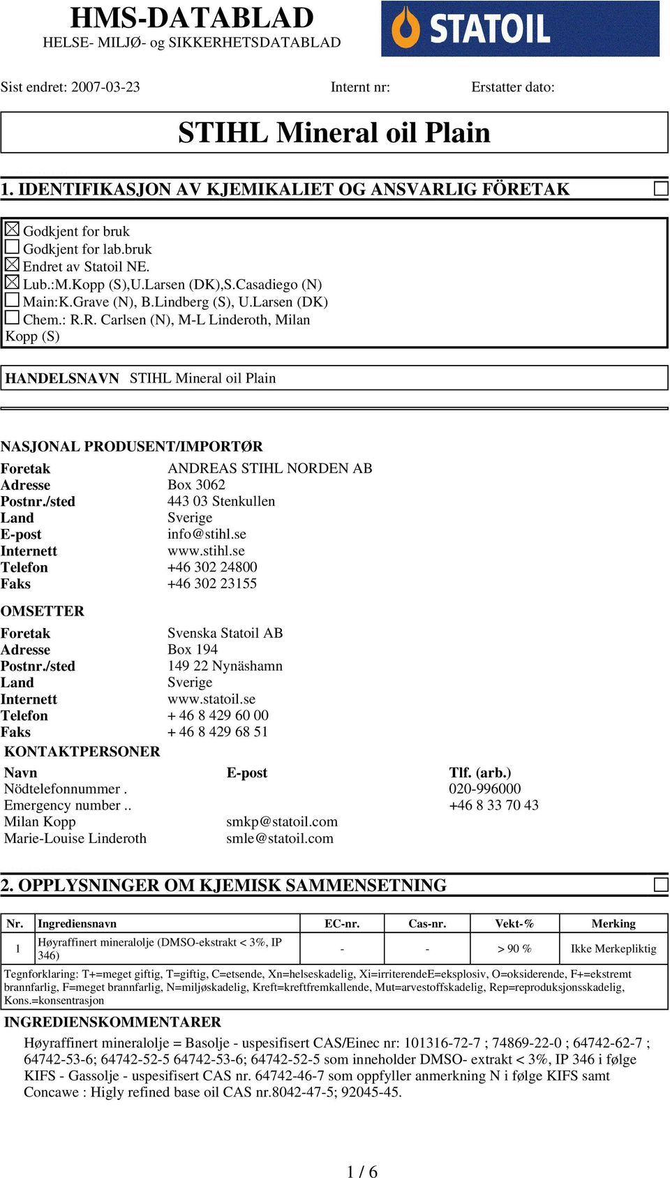 Larsen (DK) Chem.: R.R. Carlsen (N), M-L Linderoth, Milan Kopp (S) HANDELSNAVN STIHL Mineral oil Plain NASJONAL PRODUSENT/IMPORTØR Foretak ANDREAS STIHL NORDEN AB Adresse Box 3062 Postnr.