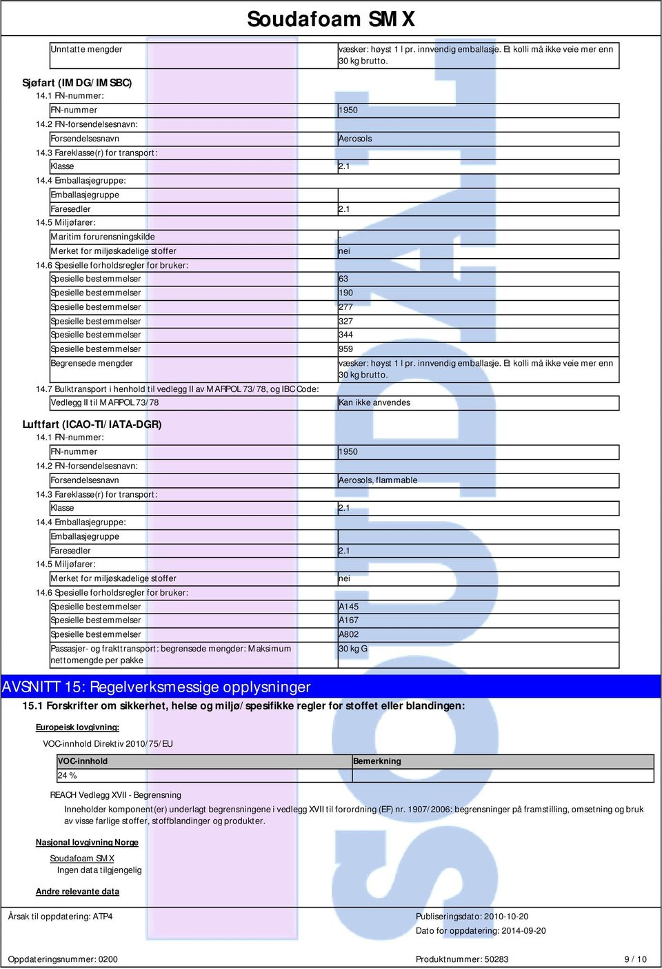 6 Spesielle forholdsregler for bruker: Spesielle bestemmelser 63 Spesielle bestemmelser 190 Spesielle bestemmelser 277 Spesielle bestemmelser 327 Spesielle bestemmelser 344 Spesielle bestemmelser 959