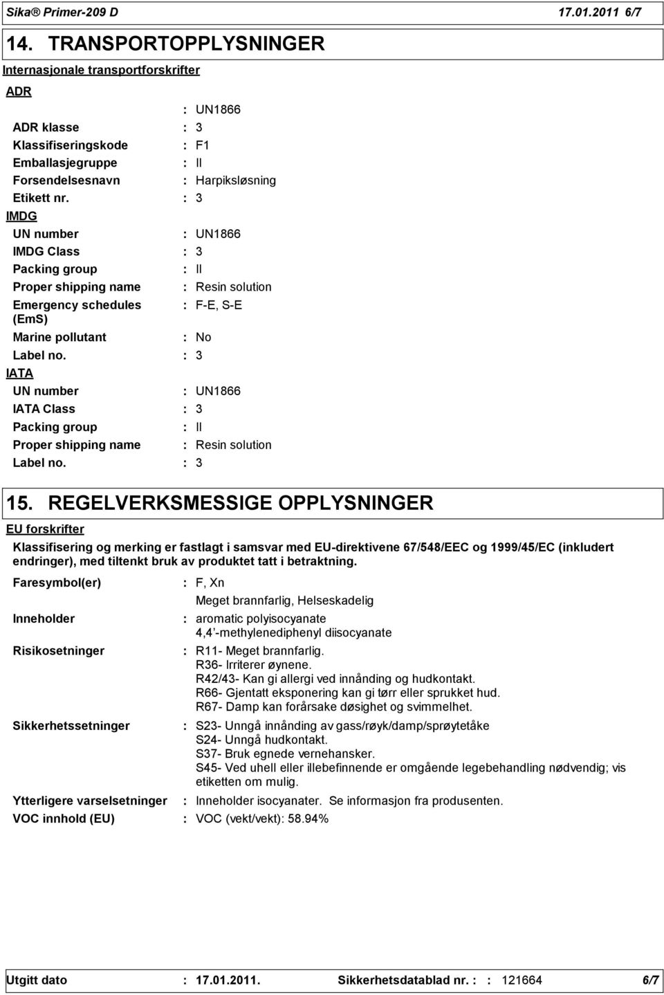 UN1866 F1 II Harpiksløsning UN1866 II Resin solution F-E, S-E No UN1866 II Resin solution 15.
