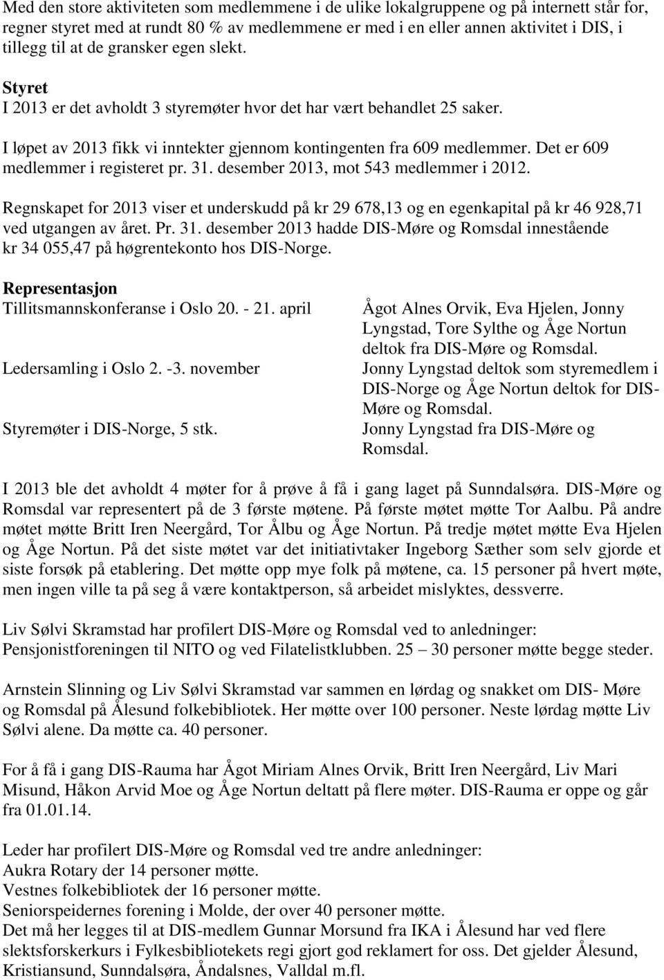 Det er 609 medlemmer i registeret pr. 31. desember 2013, mot 543 medlemmer i 2012. Regnskapet for 2013 viser et underskudd på kr 29 678,13 og en egenkapital på kr 46 928,71 ved utgangen av året. Pr.