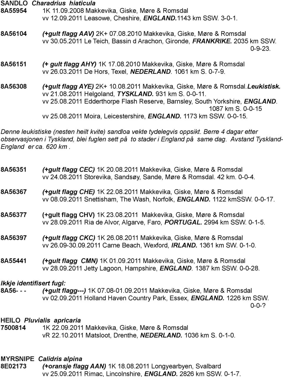 0-7-9. (+gult flagg AYE) 2K+ 10.08.2011 Makkevika, Giske, Møre & Romsdal.Leukistisk. vv 21.08.2011 Helgoland, TYSKLAND. 931 km S. 0-0-11. vv 25.08.2011 Edderthorpe Flash Reserve, Barnsley, South Yorkshire, ENGLAND.