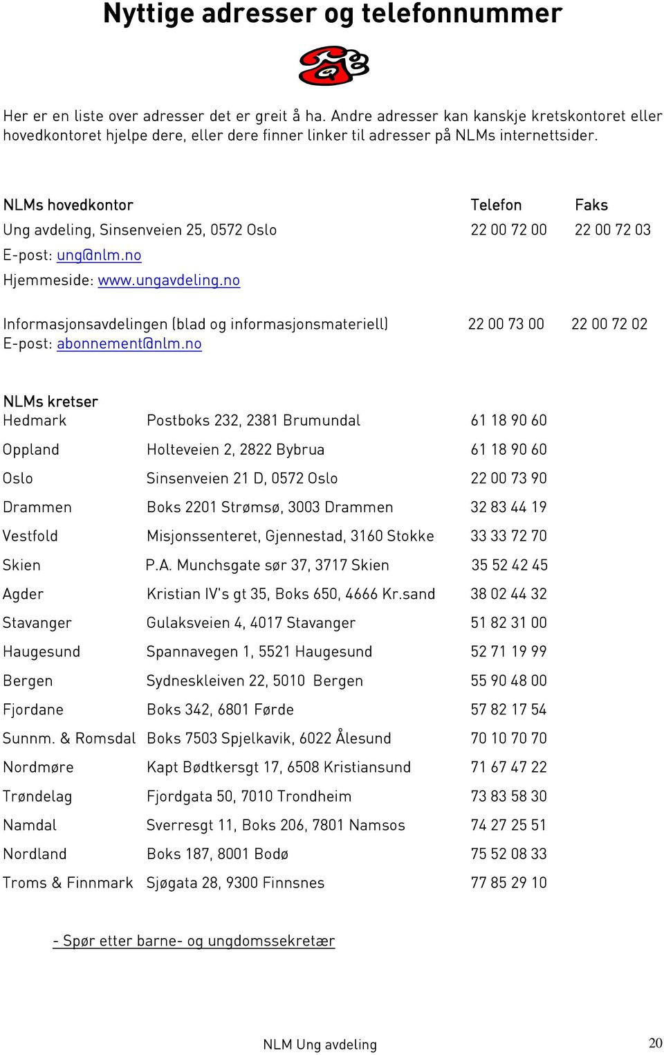 NLMs hovedkontor Telefon Faks Ung avdeling, Sinsenveien 25, 0572 Oslo 22 00 72 00 22 00 72 03 E-post: ung@nlm.no Hjemmeside: www.ungavdeling.