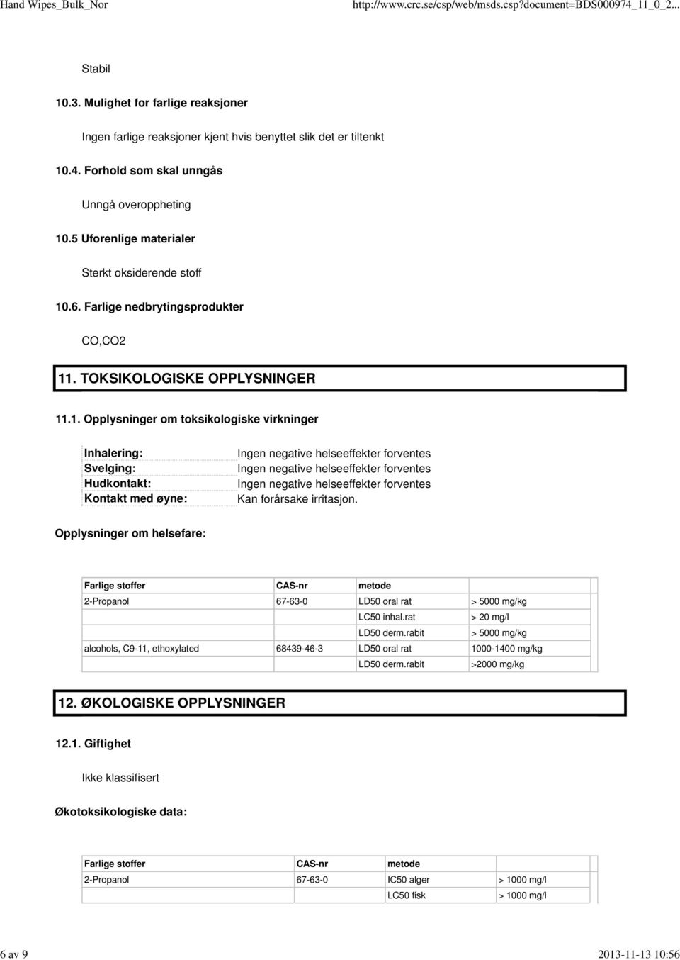 Opplysninger om helsefare: Farlige stoffer CAS-nr metode 2-Propanol 67-63-0 LD50 oral rat > 5000 mg/kg LC50 inhal.rat > 20 mg/l LD50 derm.