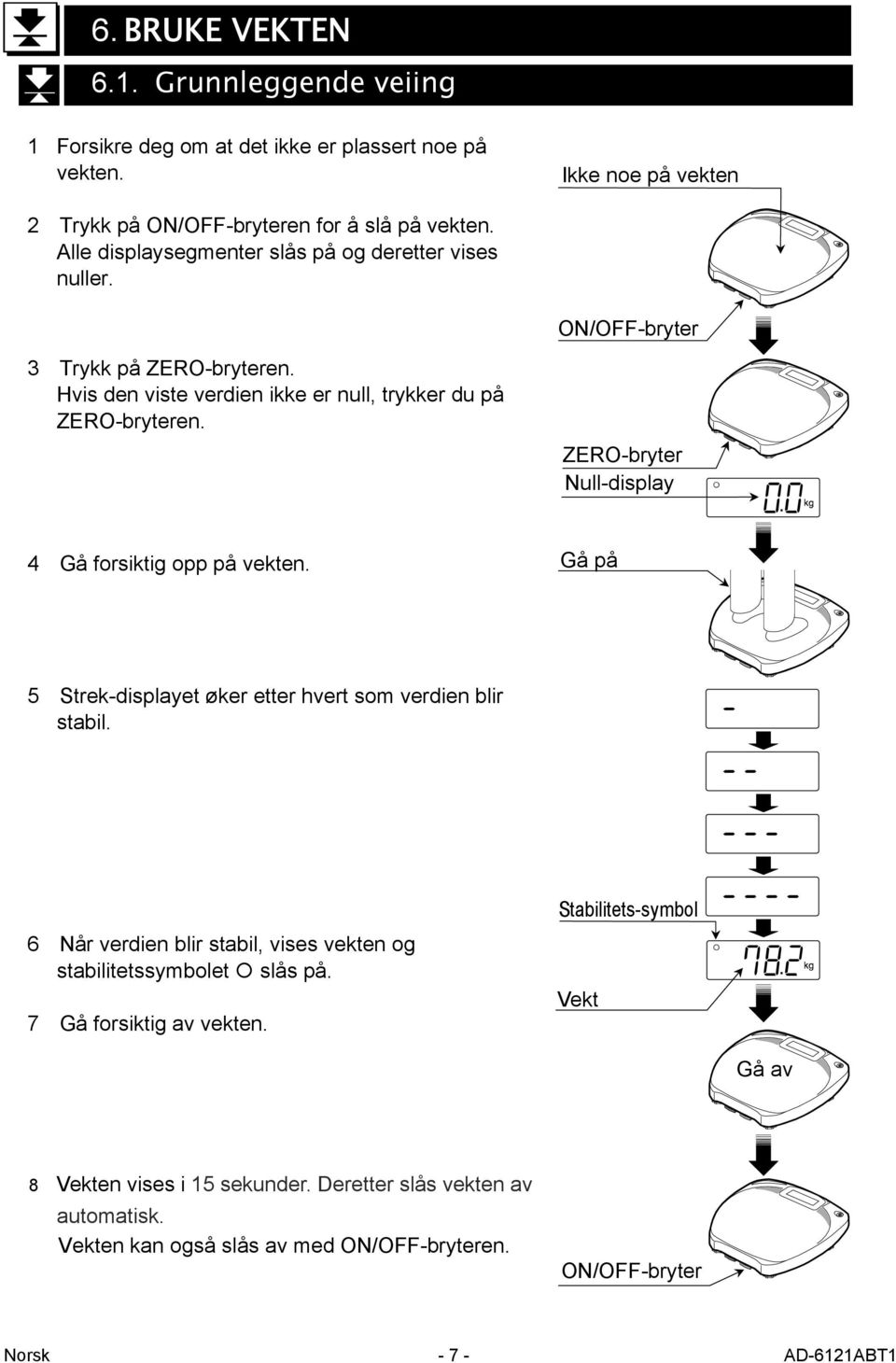 ZERO-bryter Null-display 4 Gå forsiktig opp på vekten. Gå på 5 Strek-displayet øker etter hvert som verdien blir stabil.