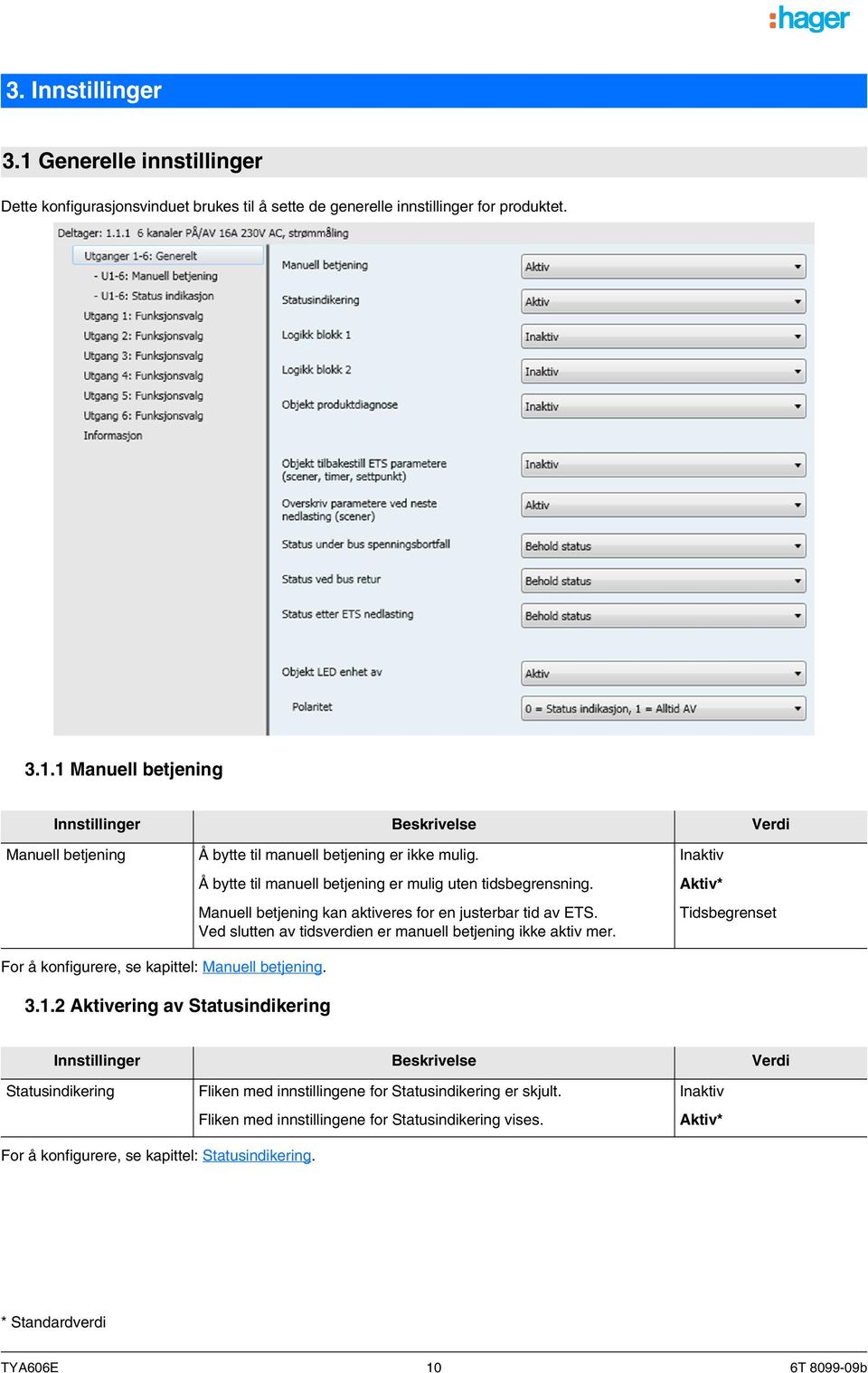 Ved slutten av tidsverdien er manuell betjening ikke aktiv mer. Aktiv* Tidsbegrenset For å konfigurere, se kapittel: Manuell betjening. 3.1.