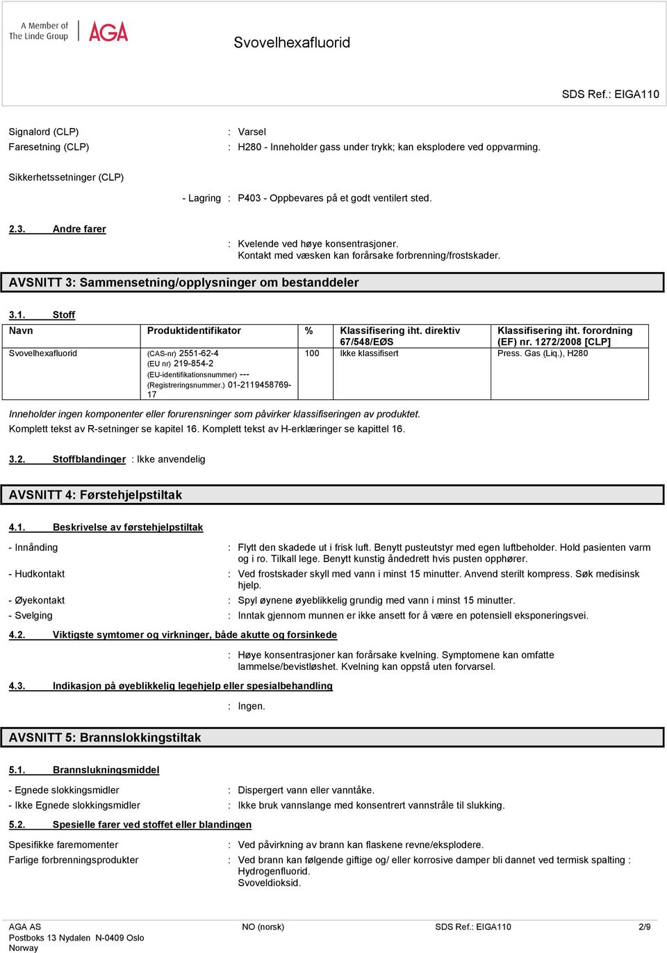 AVSNITT 3: Sammensetning/opplysninger om bestanddeler 3.1. Stoff Navn Produktidentifikator % Klassifisering iht. direktiv 67/548/EØS Klassifisering iht. forordning (EF) nr.