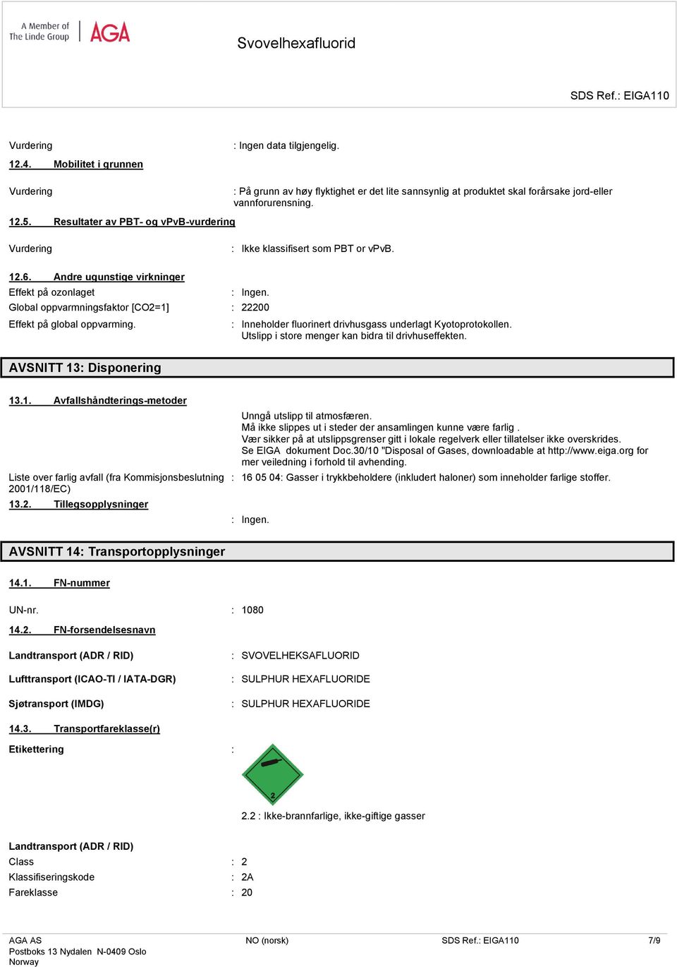 Andre ugunstige virkninger Effekt på ozonlaget Global oppvarmningsfaktor [CO2=1] : 22200 Effekt på global oppvarming. : Inneholder fluorinert drivhusgass underlagt Kyotoprotokollen.