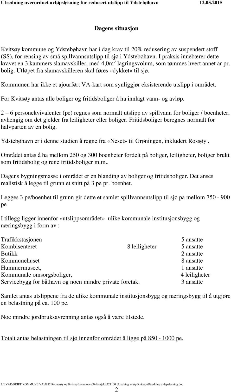 Kommunen har ikke et ajourført VA-kart som synliggjør eksisterende utslipp i området. For Kvitsøy antas alle boliger og fritidsboliger å ha innlagt vann- og avløp.