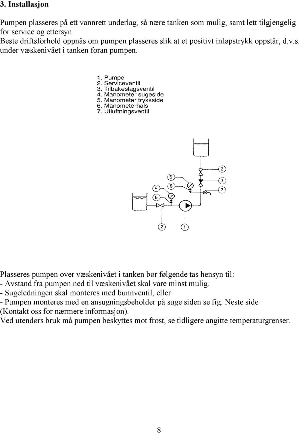 Plasseres pumpen over væskenivået i tanken bør følgende tas hensyn til: - Avstand fra pumpen ned til væskenivået skal vare minst mulig.