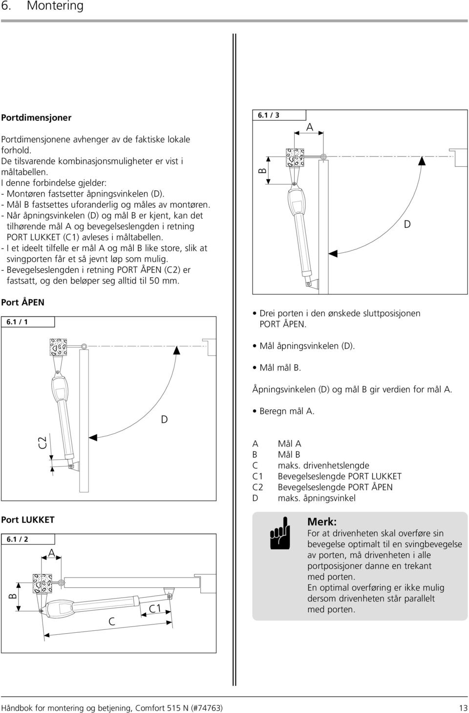 - Når åpningsvinkelen (D) og mål B er kjent, kan det tilhørende mål A og bevegelseslengden i retning ORT LUKKET (C1) avleses i måltabellen.