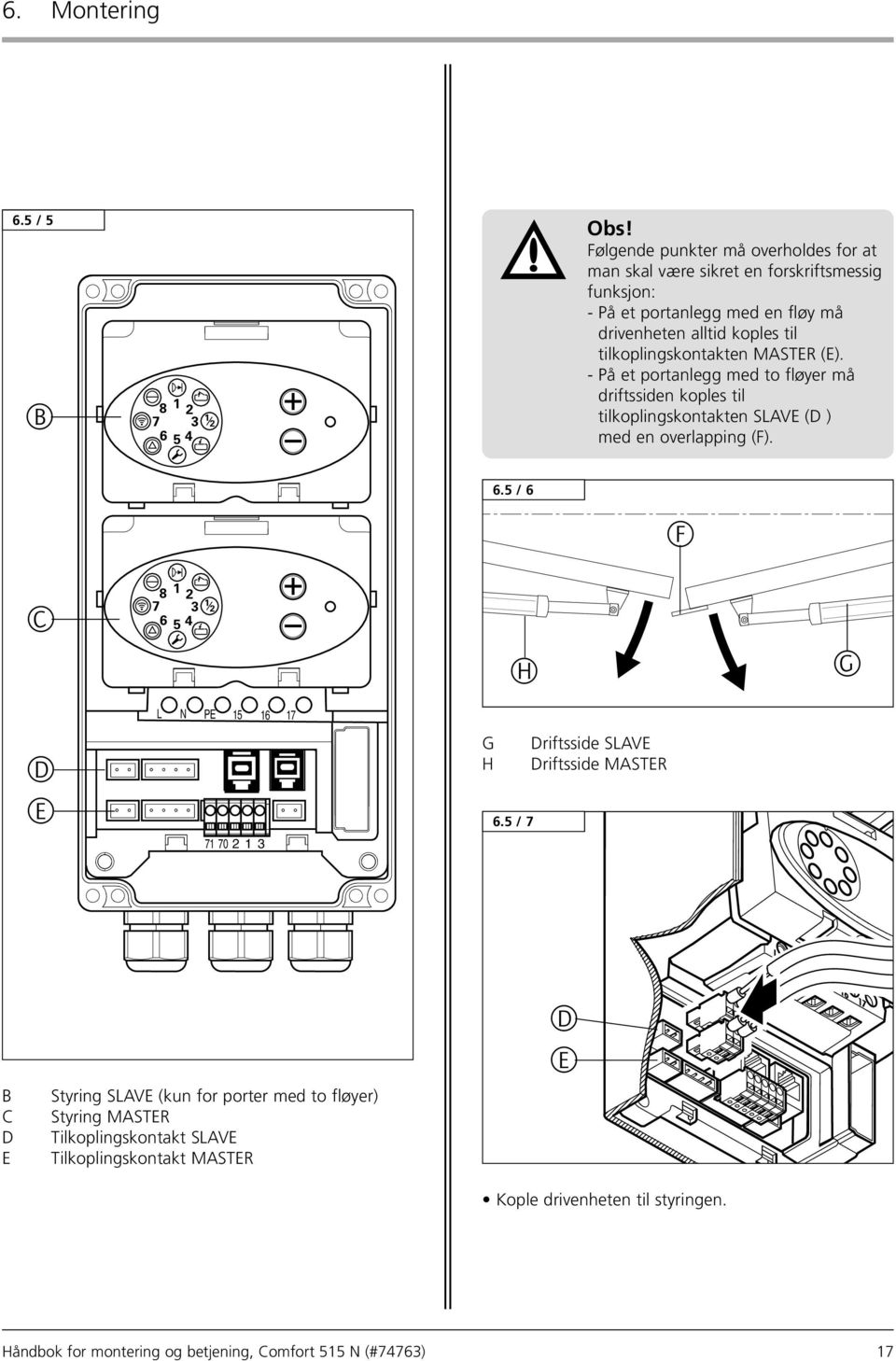 MASTER (E). - å et portanlegg med to fløyer må driftssiden koples til tilkoplingskontakten SLAVE (D ) med en overlapping (F). 6.