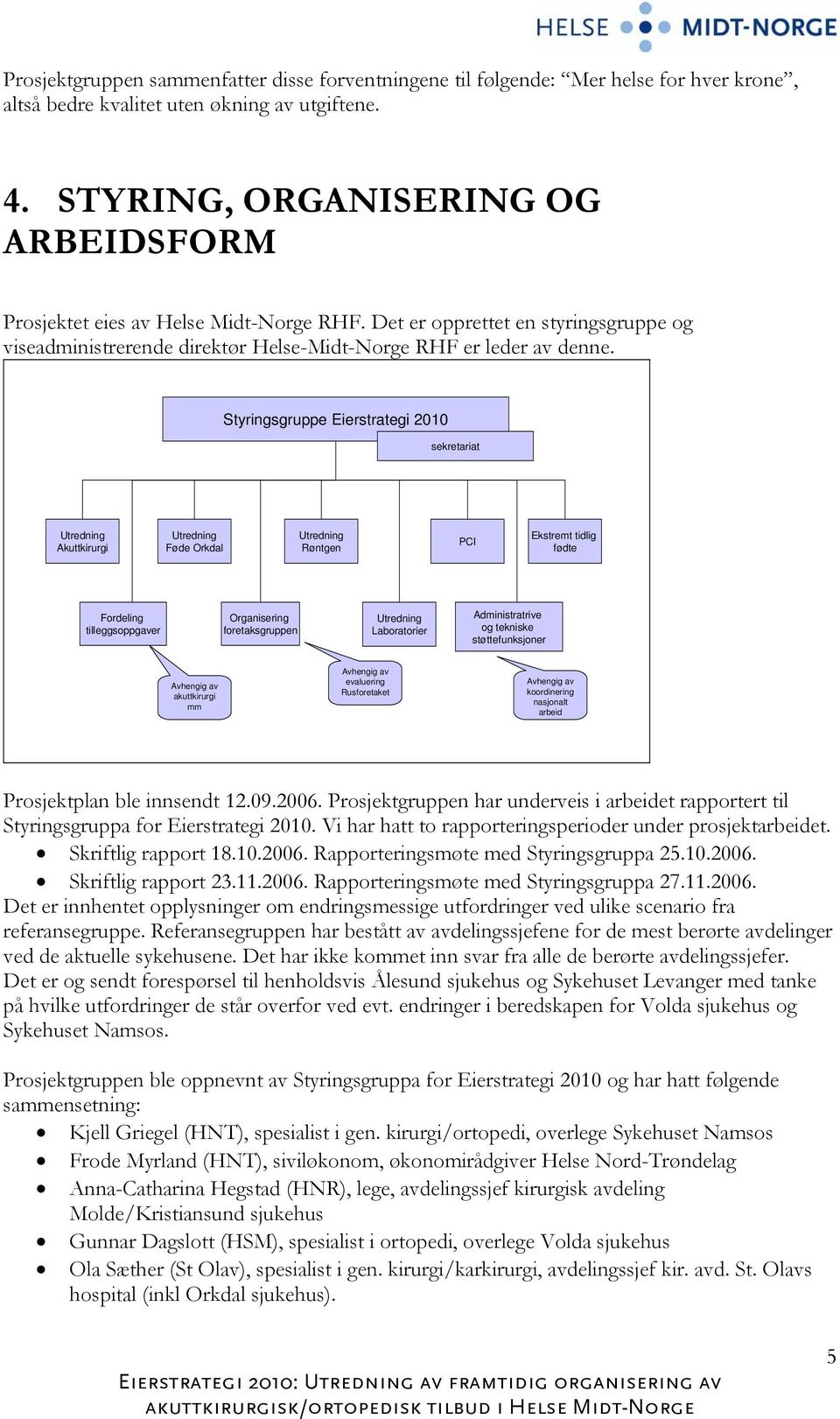 Styringsgruppe Eierstrategi 2010 sekretariat Utredning Akuttkirurgi Utredning Føde Orkdal Utredning Røntgen PCI Ekstremt tidlig fødte Fordeling tilleggsoppgaver Organisering foretaksgruppen Utredning