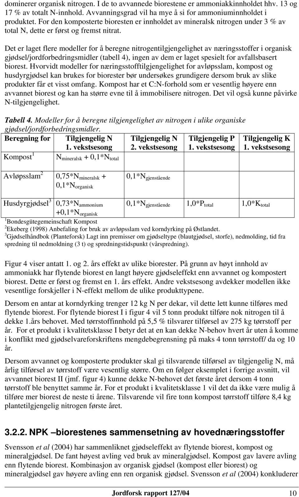 Det er laget flere modeller for å beregne nitrogentilgjengelighet av næringsstoffer i organisk gjødsel/jordforbedringsmidler (tabell 4), ingen av dem er laget spesielt for avfallsbasert biorest.