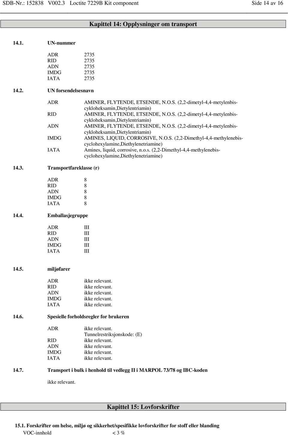 O.S. (2,2-Dimethyl-methylenebiscyclohexylamine,Diethylenetriamine) Amines, liquid, corrosive, n.o.s. (2,2-Dimethyl-methylenebiscyclohexylamine,Diethylenetriamine) 14.3.