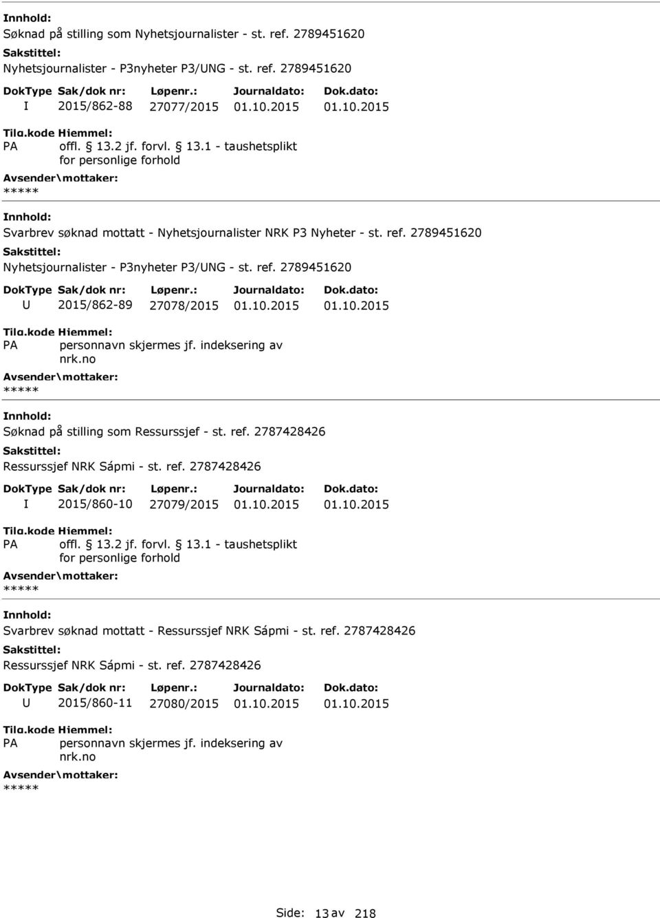 2789451620 2015/862-88 27077/2015 Svarbrev søknad mottatt - Nyhetsjournalister NRK P3 Nyheter - st. ref.