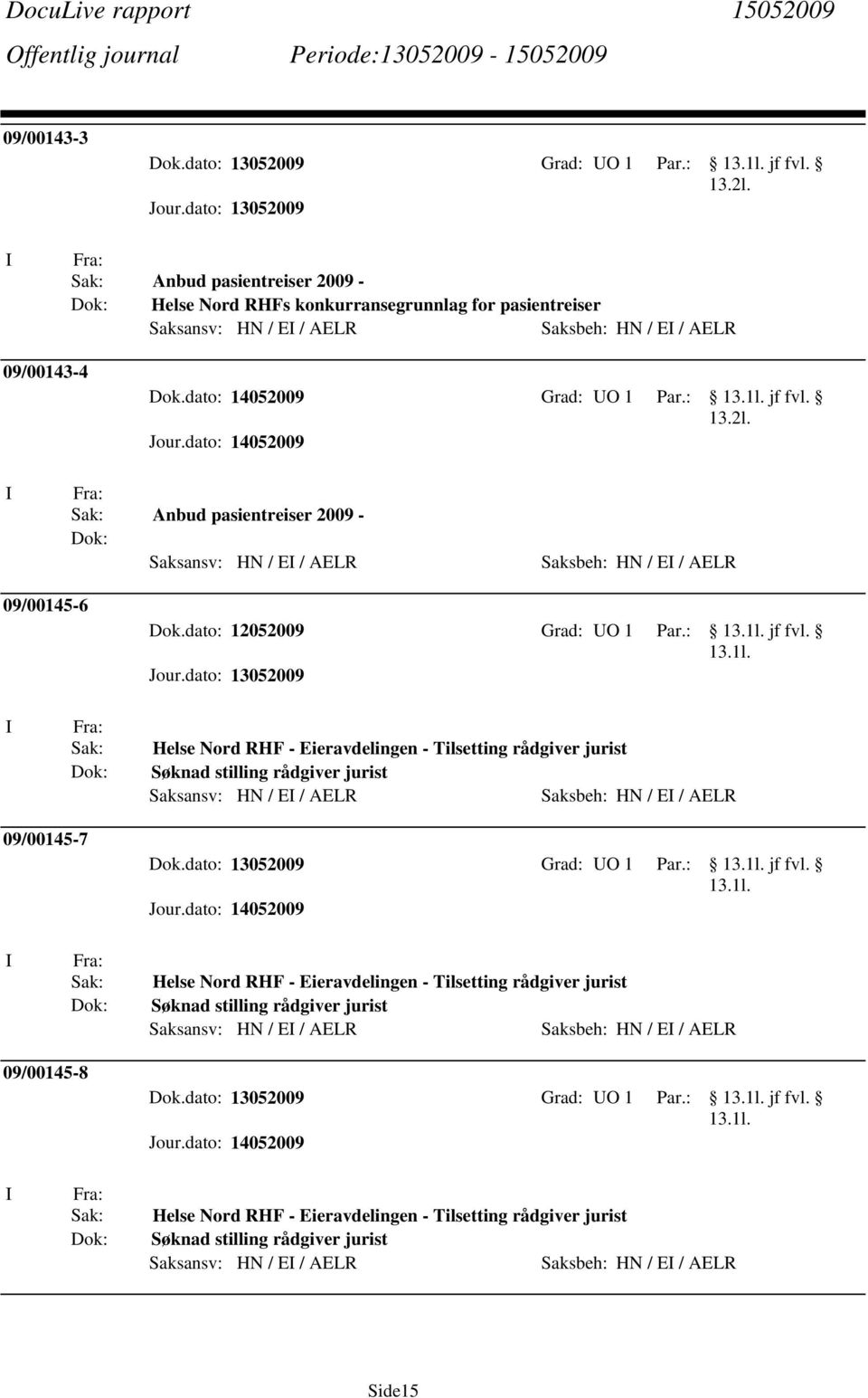 Anbud pasientreiser 2009 - Saksansv: HN / E / AELR Saksbeh: HN / E / AELR 09/00145-6 Dok.dato: 12052009 Grad: UO 1 Par.: jf fvl.