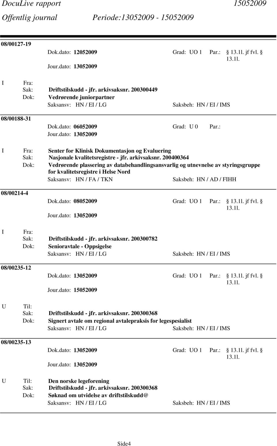 200400364 Vedrørende plassering av databehandlingsansvarlig og utnevnelse av styringsgruppe for kvalitetsregistre i Helse Nord Saksansv: HN / FA / TKN Saksbeh: HN / AD / FHH 08/00214-4 Dok.