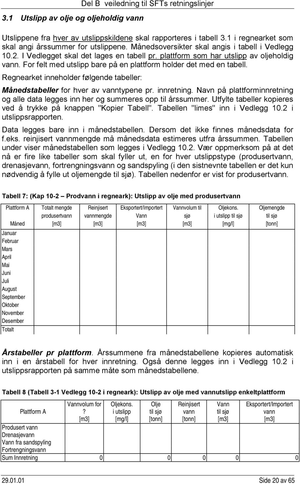 For felt med utslipp bare på en plattform holder det med en tabell. Regnearket inneholder følgende tabeller: Månedstabeller for hver av vanntypene pr. innretning.