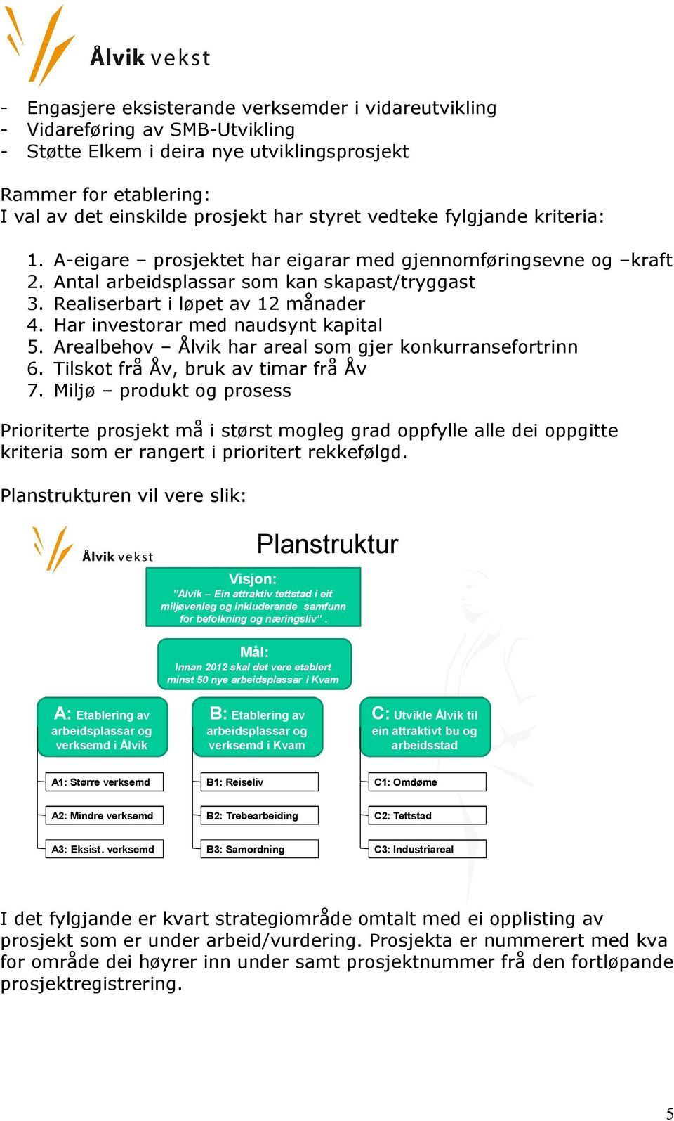 Har investorar med naudsynt kapital 5. Arealbehov Ålvik har areal som gjer konkurransefortrinn 6. Tilskot frå Åv, bruk av timar frå Åv 7.