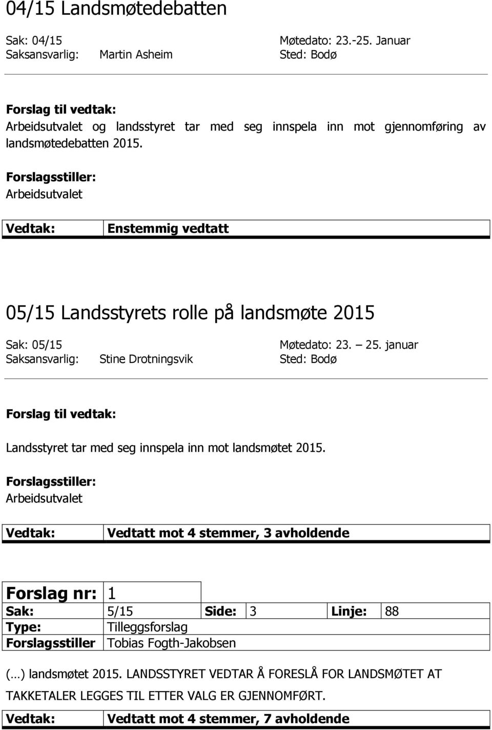 Arbeidsutvalet 05/15 Landsstyrets rolle på landsmøte 2015 Sak: 05/15 Møtedato: 23. 25.