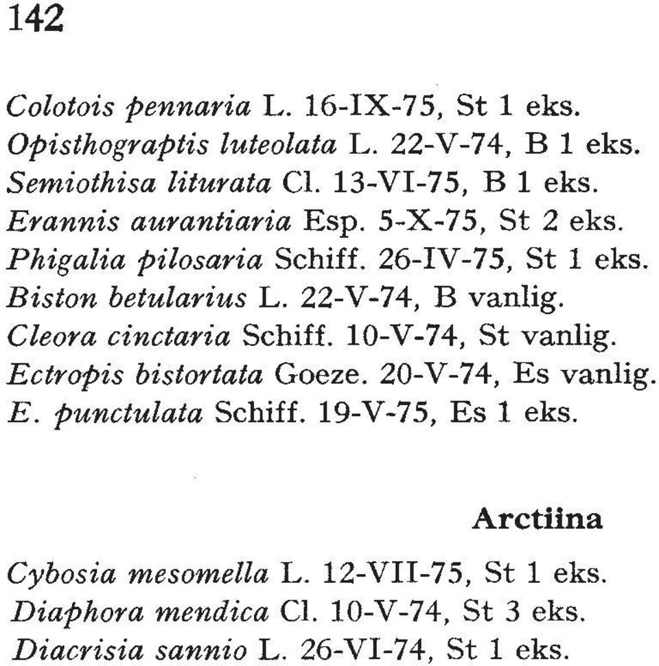 Cleora cinctaria Schiff. 10-V-74, St vanlig. Ectropis bistortata Goeze. 20-V-74, Es vanlig. E. punctulata Schiff.