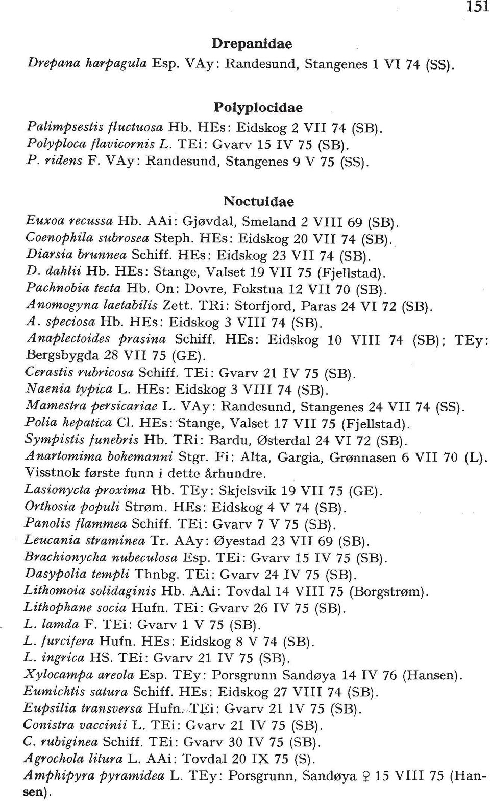 HEs: Eidskog 23 VII 74 (SB). D. dahlii Hb. HEs: Stange, Valset 19 VII 75 (Fjellstad). Pachnobia tecta Hb. On: Dovre, Fokstua 12 VII 70 (SB). Anomogyna laetabilis Zett.