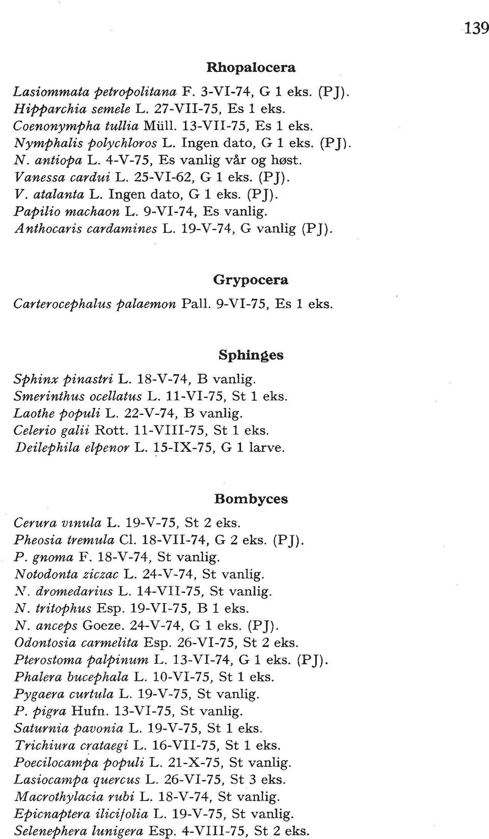 Anthocaris cardamines L. 19-V-74, G vanlig (PJ). Grypocera Carterocephalus palaemon Pall. 9-VI-75, Es 1 eks. Sphinges Sphinx pinastri L. 18-V-74, B vanlig. Smerinthus ocellatus L. 11-VI-75, St 1 eks.