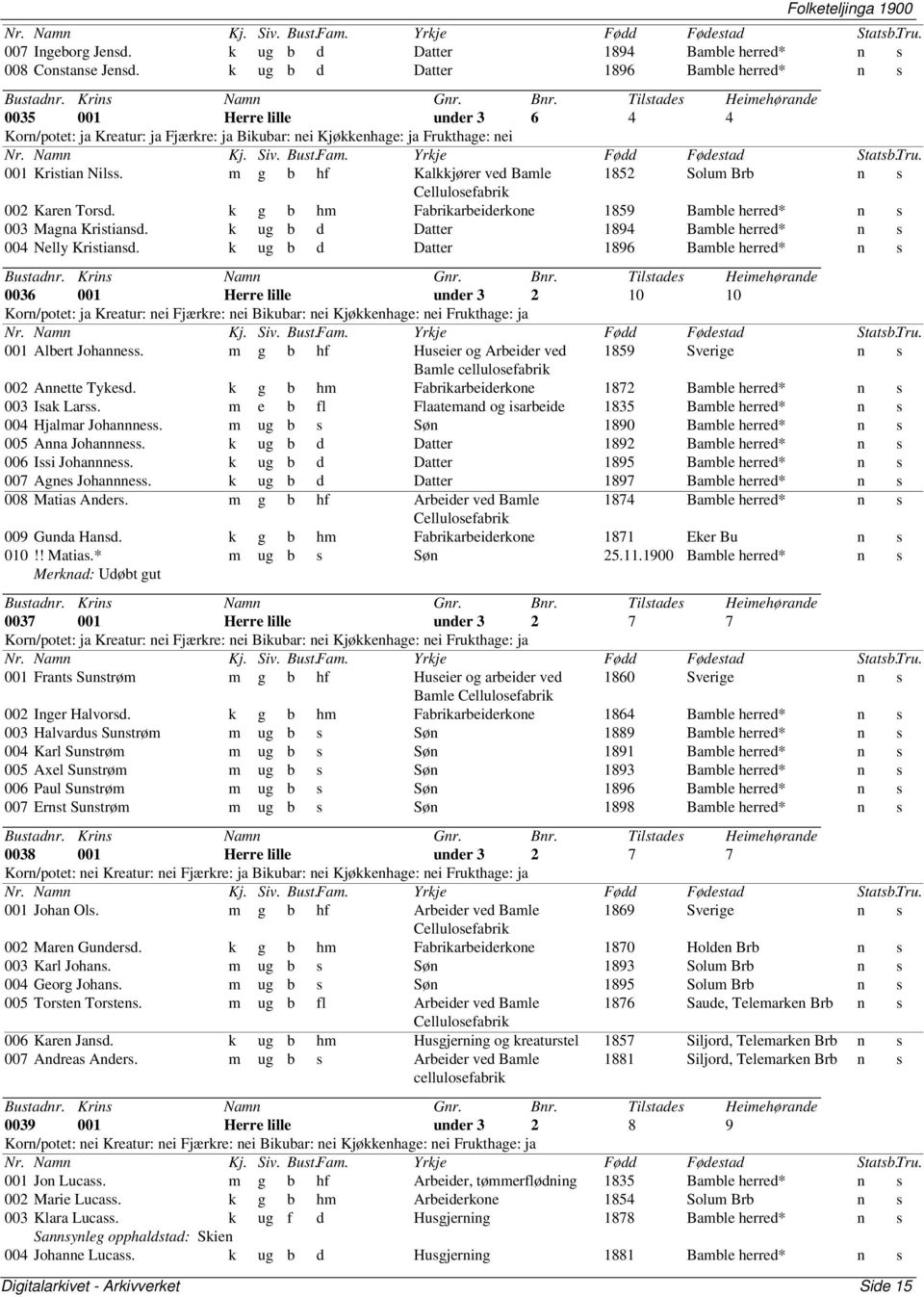 m g b hf Kalkkjører ved Bamle 1852 Solum Brb n s Cellulosefabrik 002 Karen Torsd. k g b hm Fabrikarbeiderkone 1859 Bamble herred* n s 003 Magna Kristiansd.