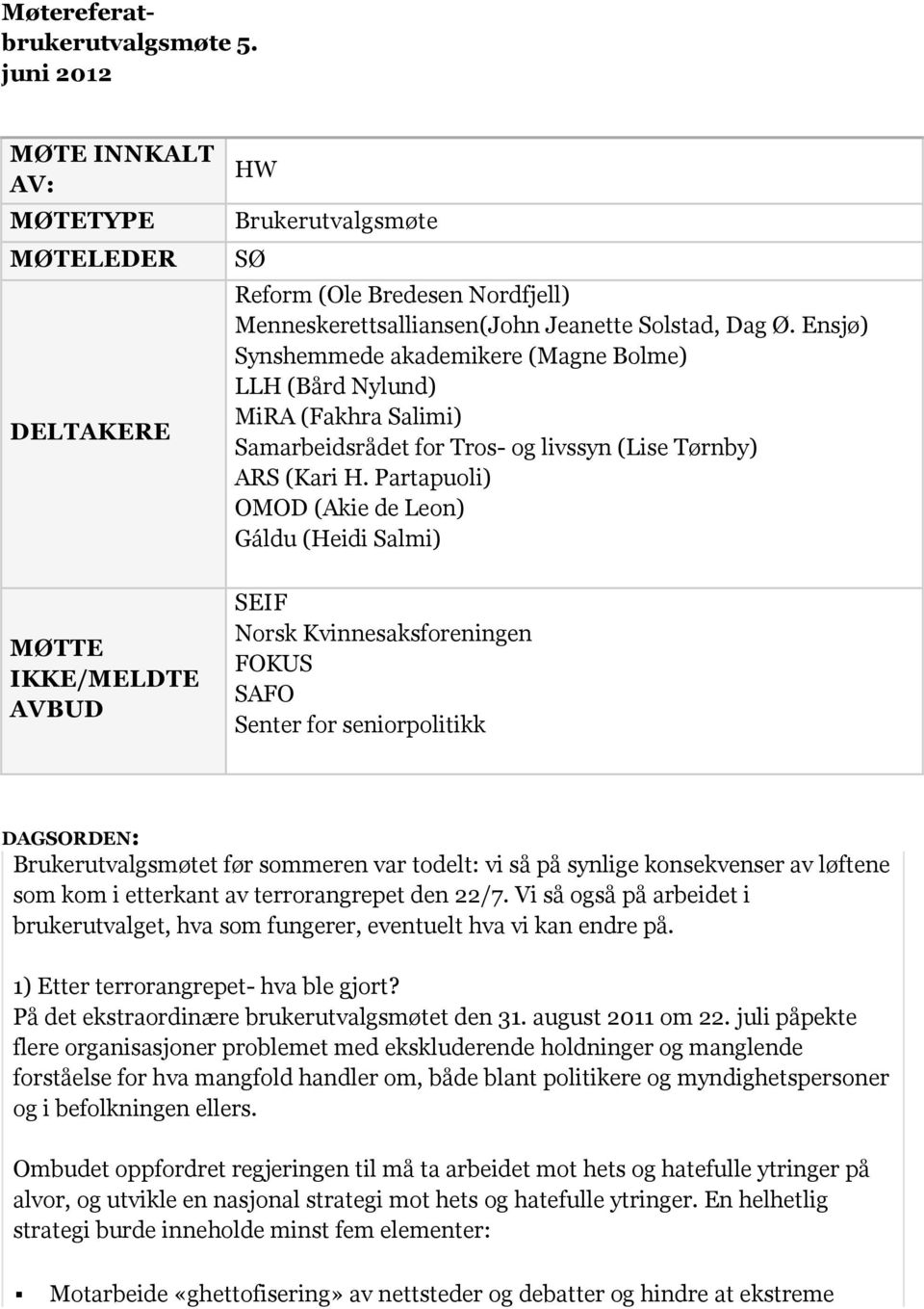 Ensjø) Synshemmede akademikere (Magne Bolme) LLH (Bård Nylund) MiRA (Fakhra Salimi) Samarbeidsrådet for Tros- og livssyn (Lise Tørnby) ARS (Kari H.