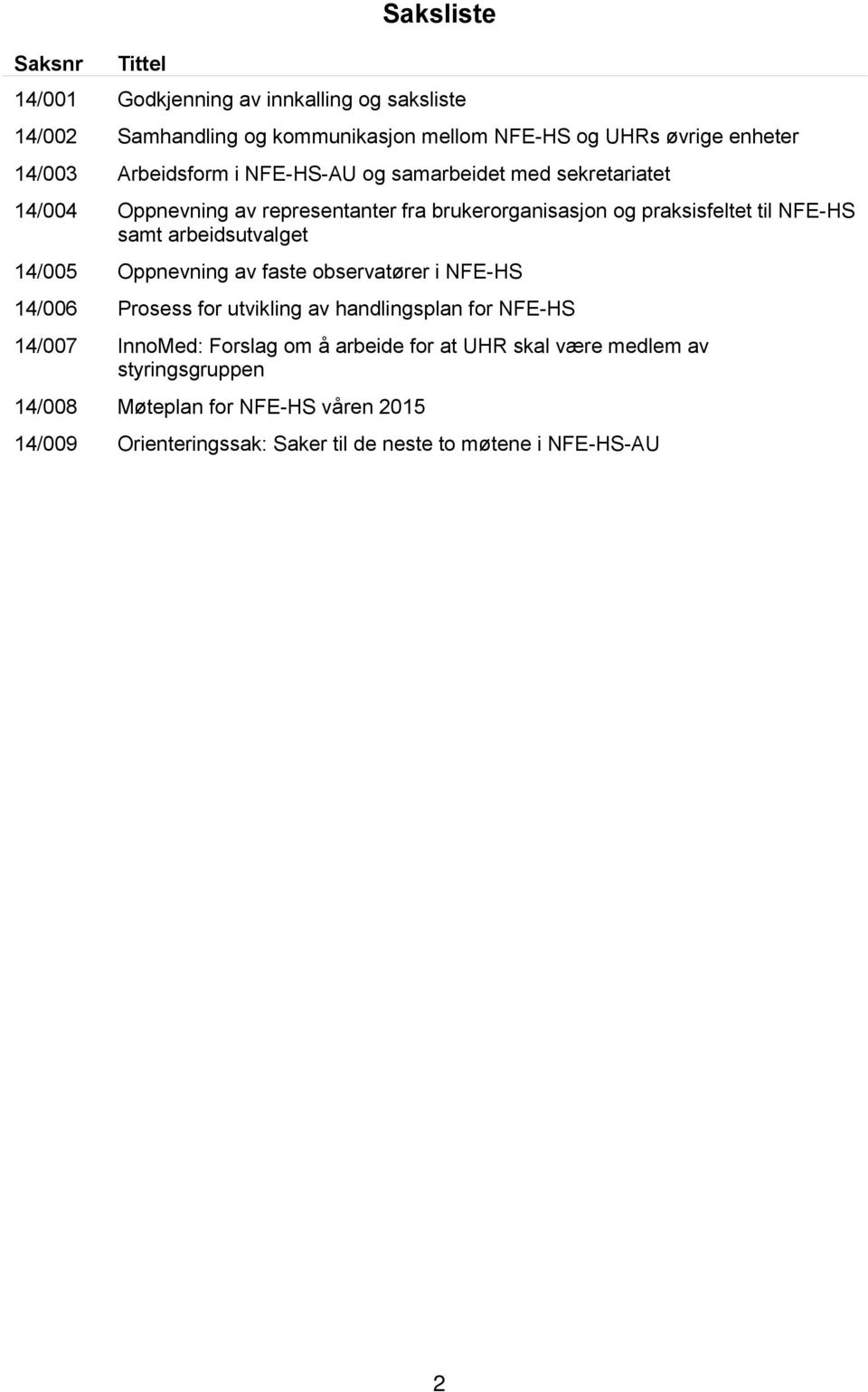 arbeidsutvalget 14/005 Oppnevning av faste observatører i NFE-HS 14/006 Prosess for utvikling av handlingsplan for NFE-HS 14/007 InnoMed: Forslag om å