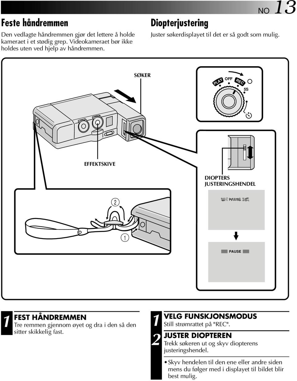 SØKER PLAY REC 5S EFFEKTSKIVE DIOPTERS JUSTERINGSHENDEL PAUSE FEST HÅNDREMMEN Tre remmen gjennom øyet og dra i den så den sitter skikkelig fast.
