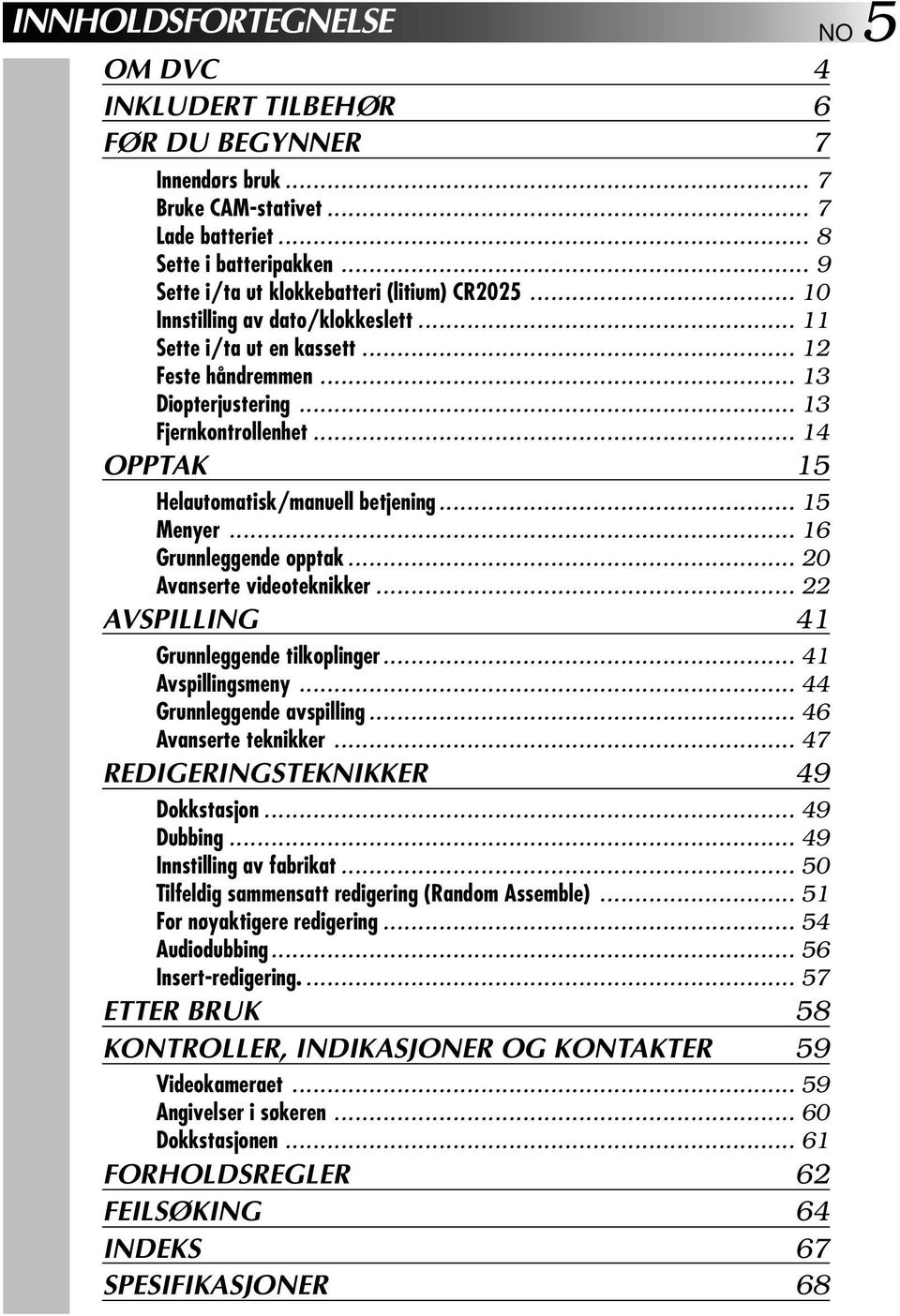 .. 4 OPPTAK 5 Helautomatisk/manuell betjening... 5 Menyer... 6 Grunnleggende opptak... 0 Avanserte videoteknikker... AVSPILLING 4 Grunnleggende tilkoplinger... 4 Avspillingsmeny.