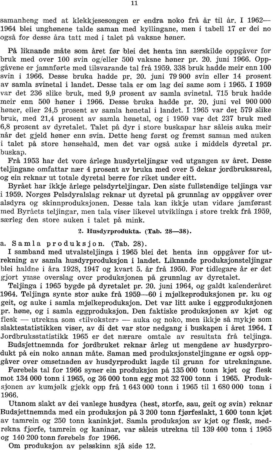 338 bruk hadde meir enn 00 svin i 966. Desse bruka hadde pr. 20. juni 79 900 svin eller 4 prosent av samla svinetal i landet. Desse tala er om lag dei same som i 965.