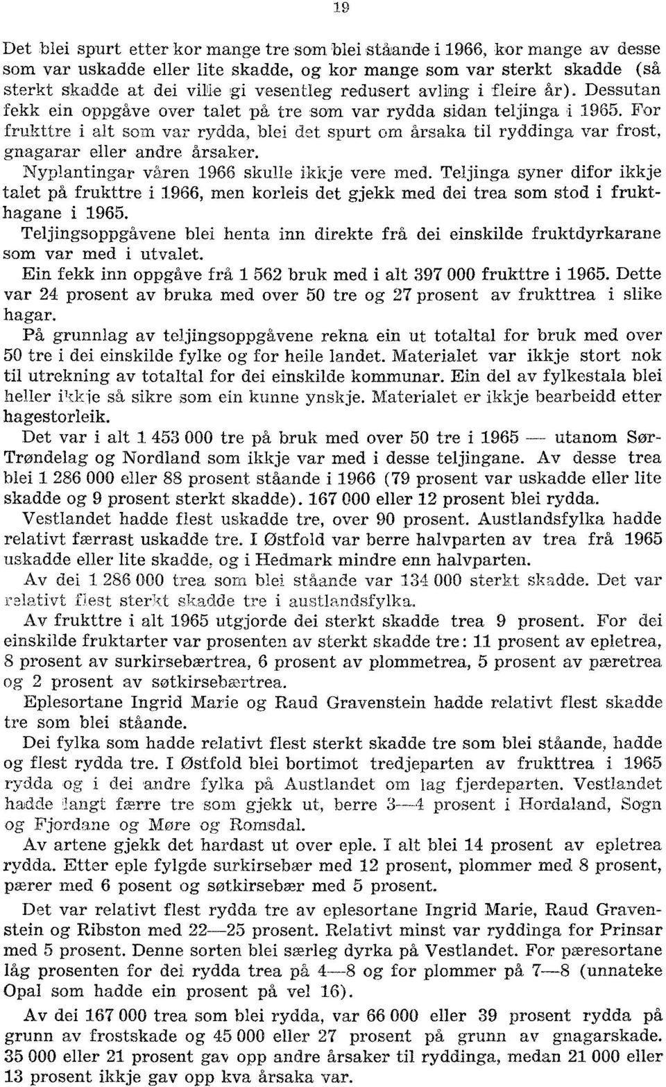 For frukttre i alt som var rydda, blei det spurt om årsaka til ryddinga var frost, gnagarar eller andre årsaker. Nyplantingar våren 966 skulle ikkje vere med.