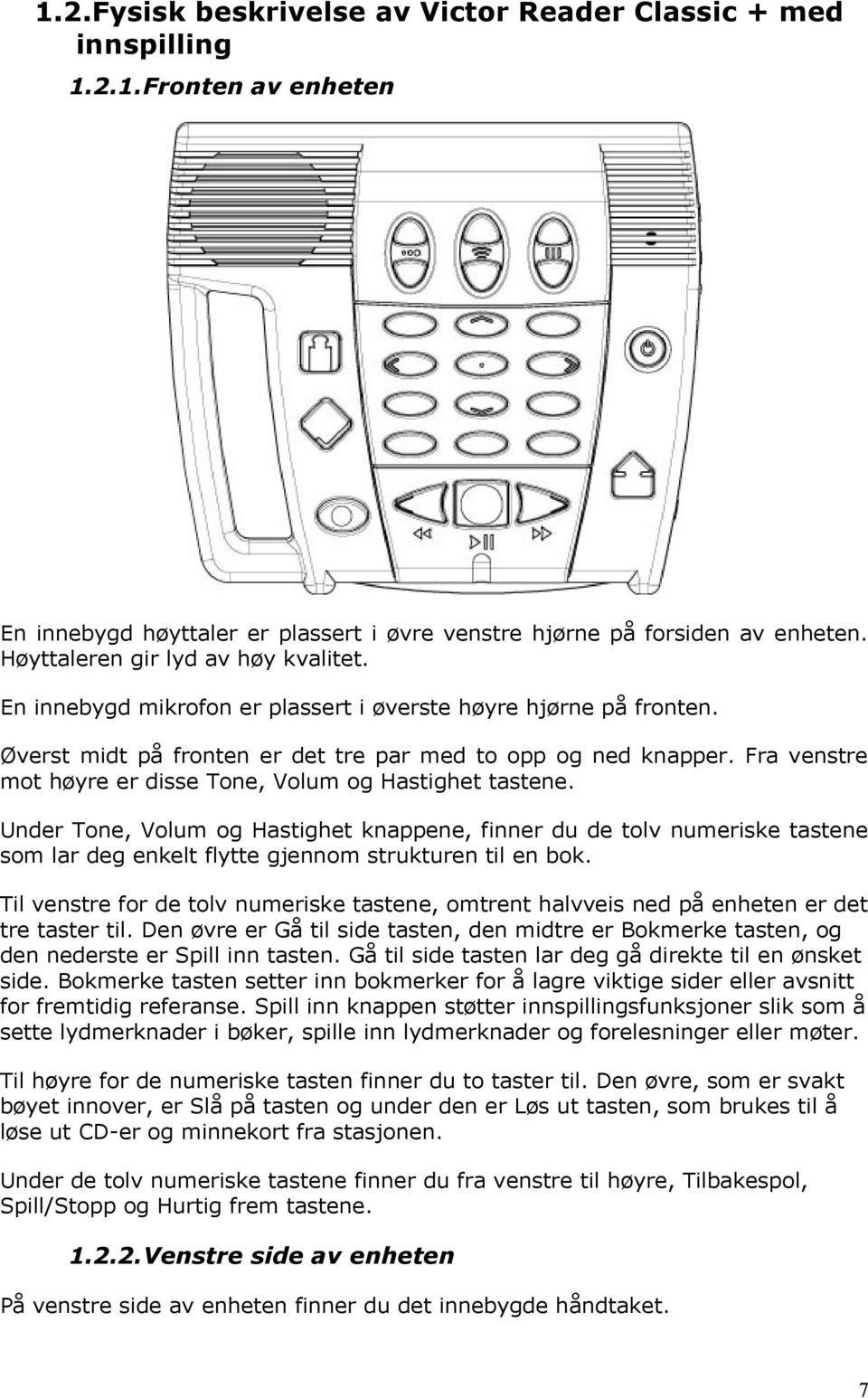 Fra venstre mot høyre er disse Tone, Volum og Hastighet tastene. Under Tone, Volum og Hastighet knappene, finner du de tolv numeriske tastene som lar deg enkelt flytte gjennom strukturen til en bok.