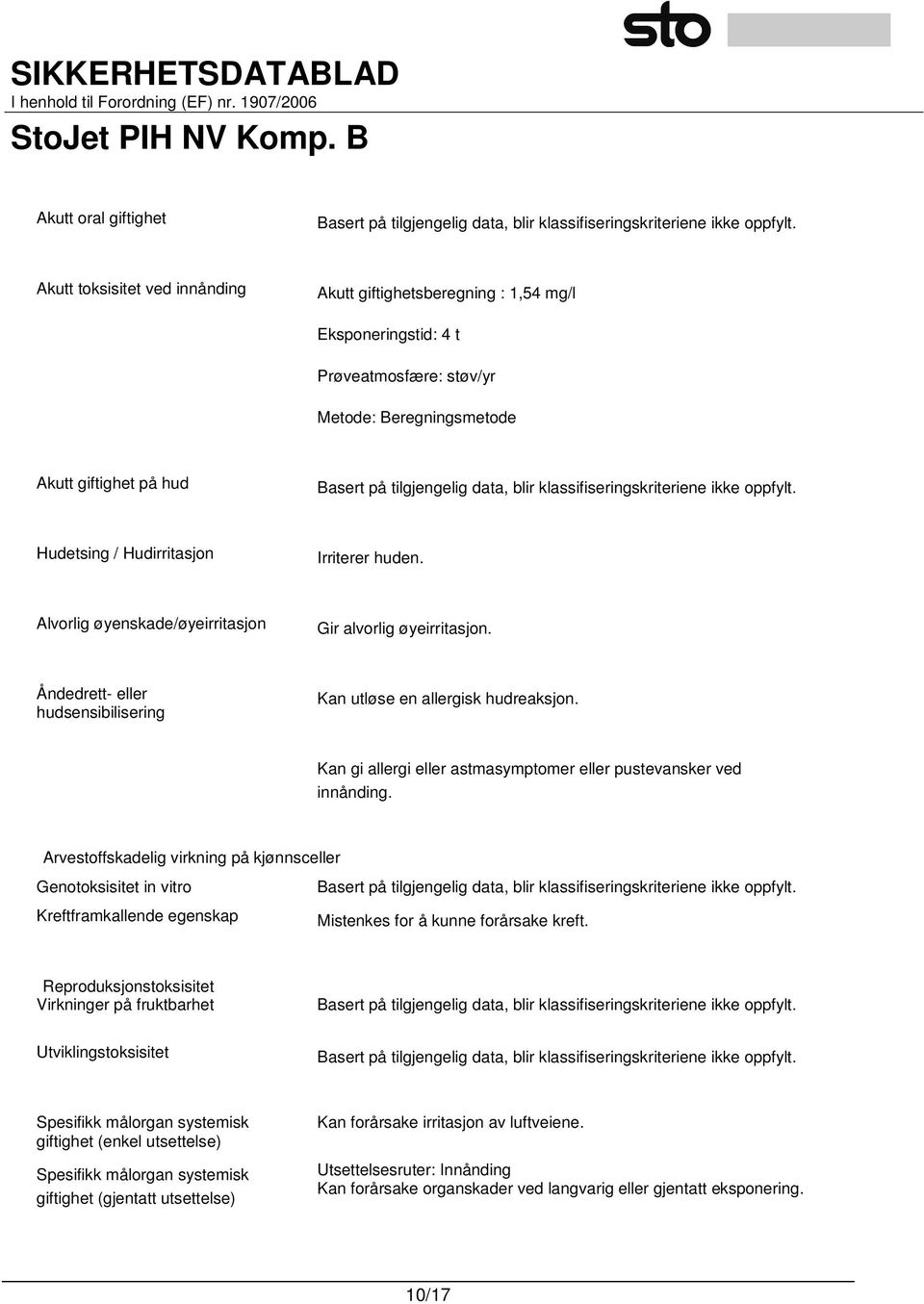 klassifiseringskriteriene ikke oppfylt. Hudetsing / Hudirritasjon Irriterer huden. Alvorlig øyenskade/øyeirritasjon Gir alvorlig øyeirritasjon.