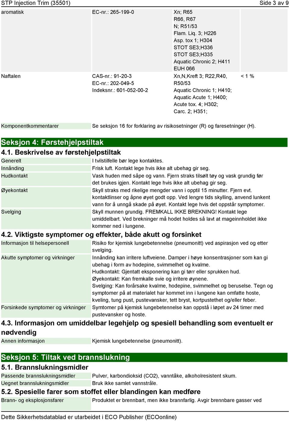 : 601-052-00-2 Xn,N,Kreft 3; R22,R40, R50/53 Aquatic Chronic 1; H410; Aquatic Acute 1; H400; Acute tox. 4; H302; Carc.