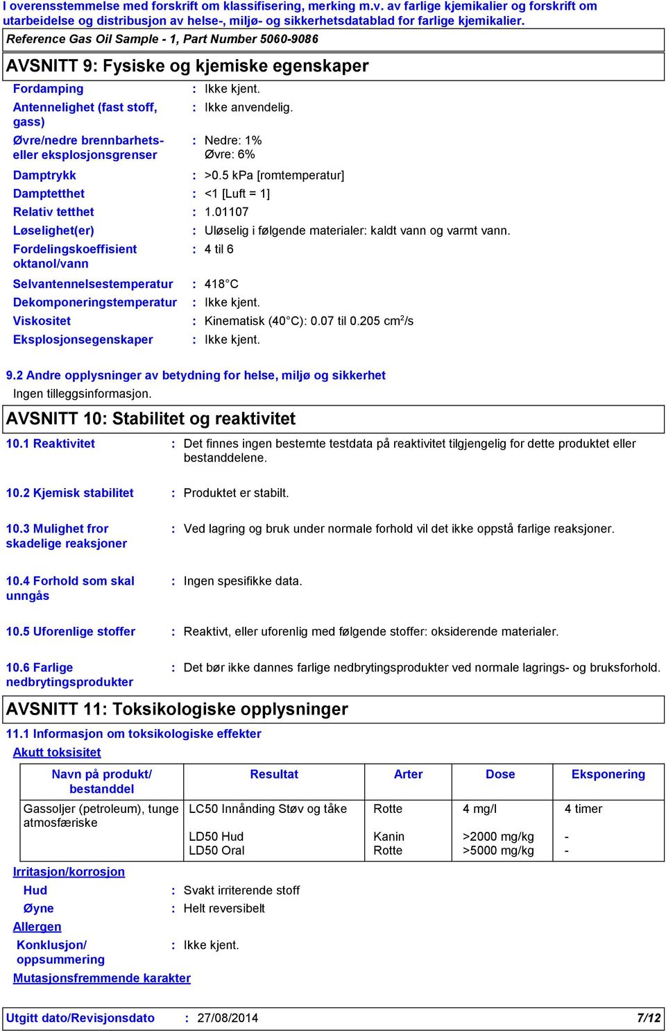 01107 Selvantennelsestemperatur 418 C Dekomponeringstemperatur Uløselig i følgende materialer kaldt vann og varmt vann. 4 til 6 Viskositet Kinematisk (40 C) 0.07 til 0.