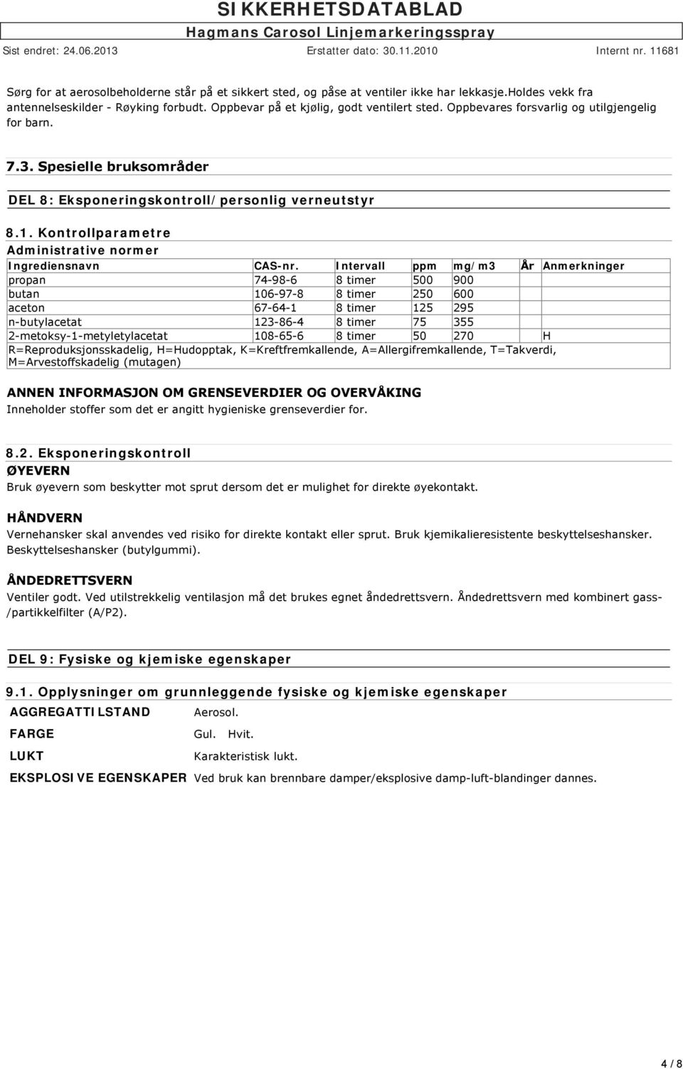 Intervall ppm mg/m3 År Anmerkninger propan 74-98-6 8 timer 500 900 butan 106-97-8 8 timer 250 600 aceton 67-64-1 8 timer 125 295 n-butylacetat 123-86-4 8 timer 75 355 2-metoksy-1-metyletylacetat