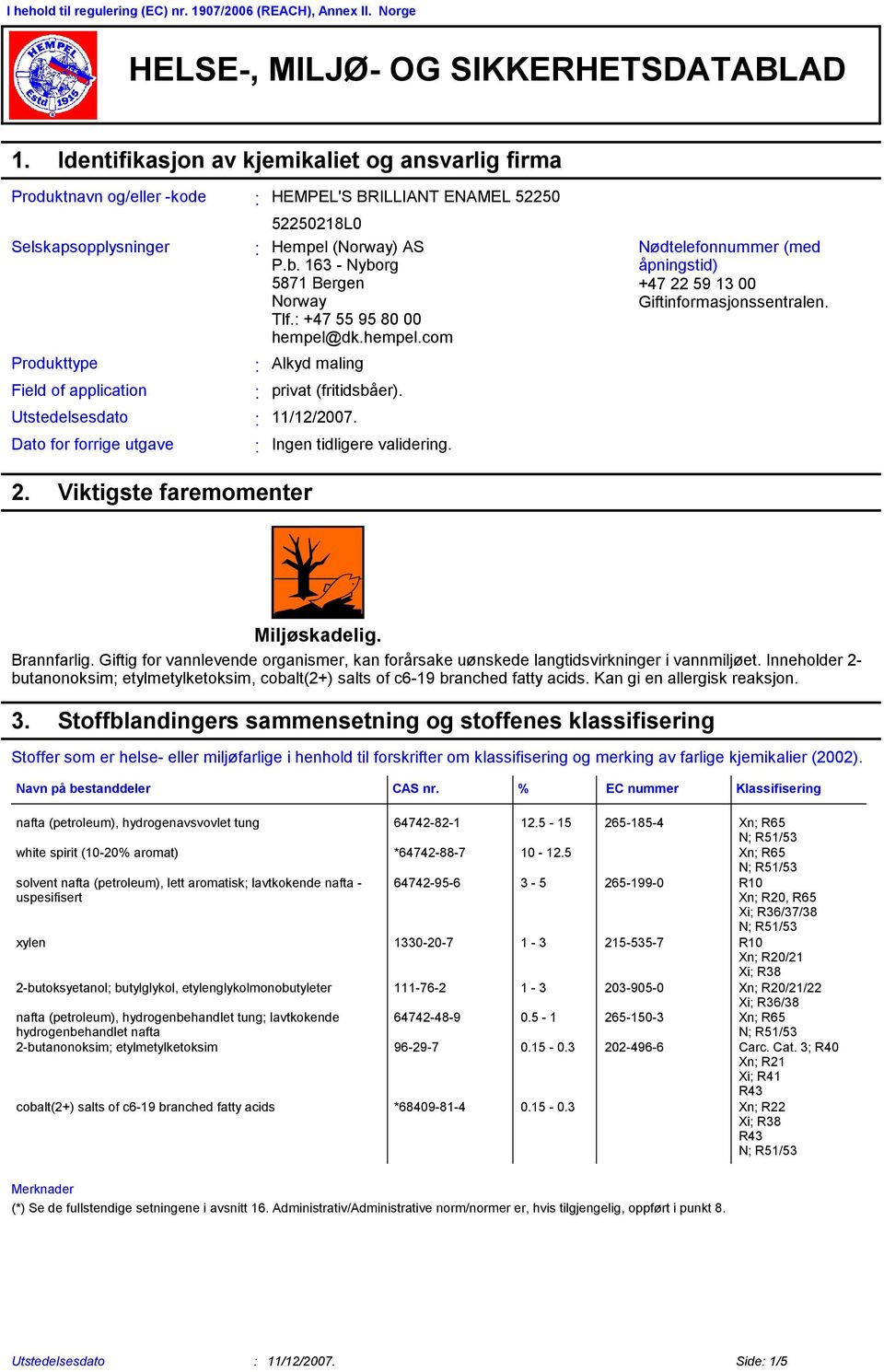 Nyborg 5871 Bergen Norway Tlf +47 55 95 80 00 hempel@dkhempelcom Ingen tidligere validering Nødtelefonnummer (med åpningstid) +47 22 59 1 00 Giftinformasjonssentralen 2 Viktigste faremomenter