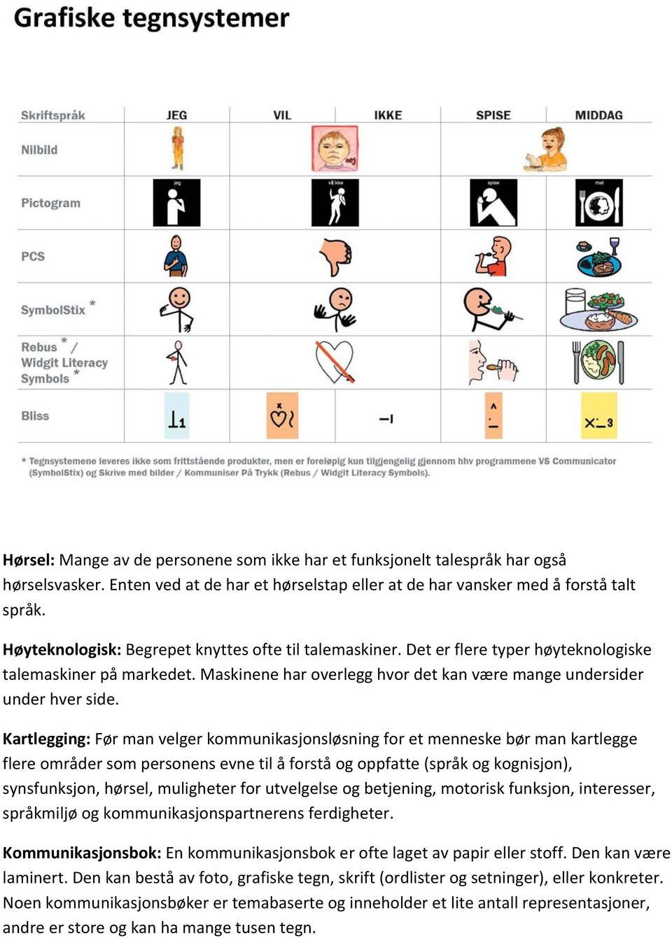 Kartlegging: Før man velger kommunikasjonsløsning for et menneske bør man kartlegge flere områder som personens evne til å forstå og oppfatte (språk og kognisjon), synsfunksjon, hørsel, muligheter