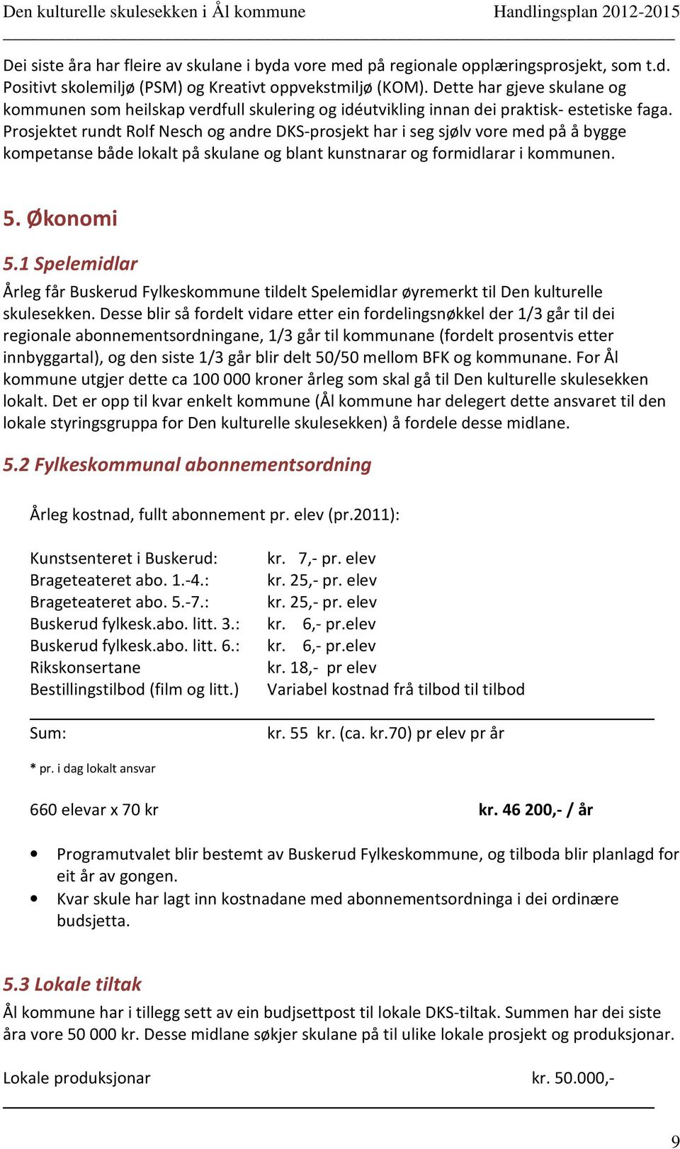 Prosjektet rundt Rolf Nesch og andre DKS-prosjekt har i seg sjølv vore med på å bygge kompetanse både lokalt på skulane og blant kunstnarar og formidlarar i kommunen. 5. Økonomi 5.