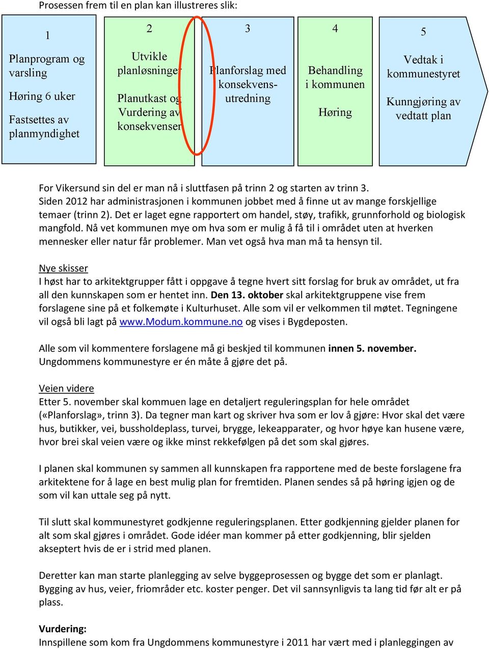 Siden 2012 har administrasjonen i kommunen jobbet med å finne ut av mange forskjellige temaer (trinn 2). Det er laget egne rapportert om handel, støy, trafikk, grunnforhold og biologisk mangfold.