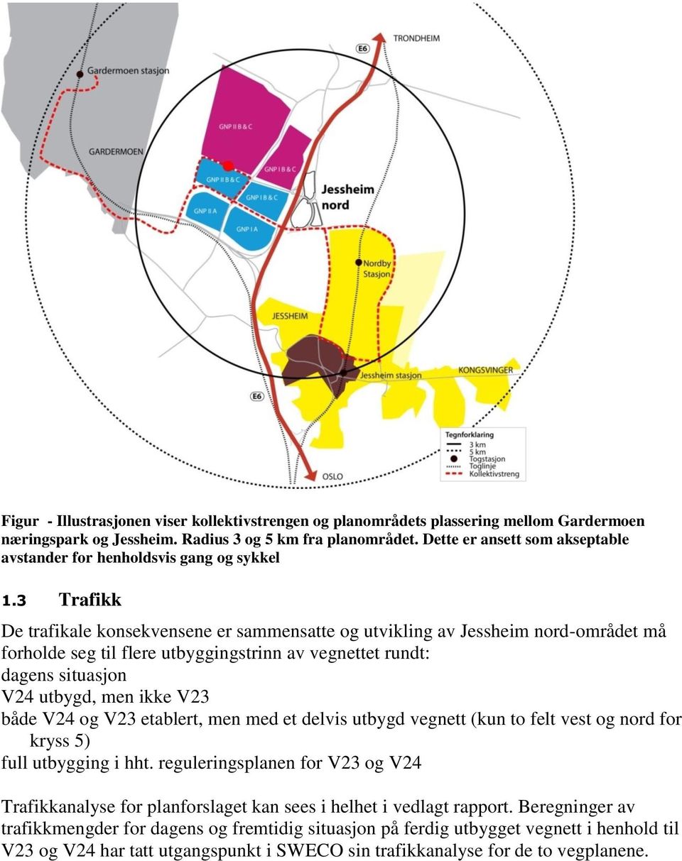 3 Trafikk De trafikale konsekvensene er sammensatte og utvikling av Jessheim nord-området må forholde seg til flere utbyggingstrinn av vegnettet rundt: dagens situasjon V24 utbygd, men ikke V23 både