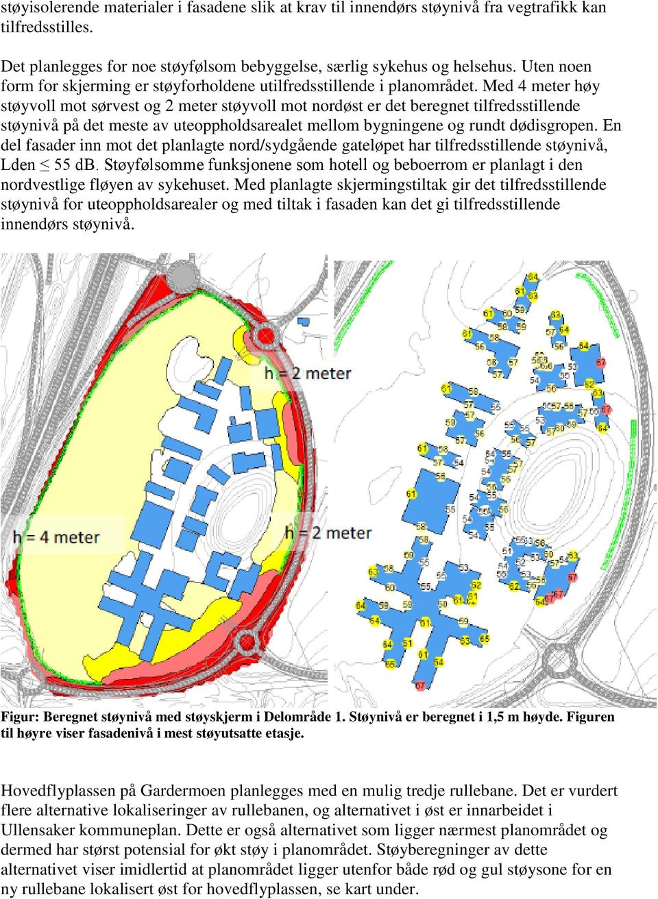 Med 4 meter høy støyvoll mot sørvest og 2 meter støyvoll mot nordøst er det beregnet tilfredsstillende støynivå på det meste av uteoppholdsarealet mellom bygningene og rundt dødisgropen.